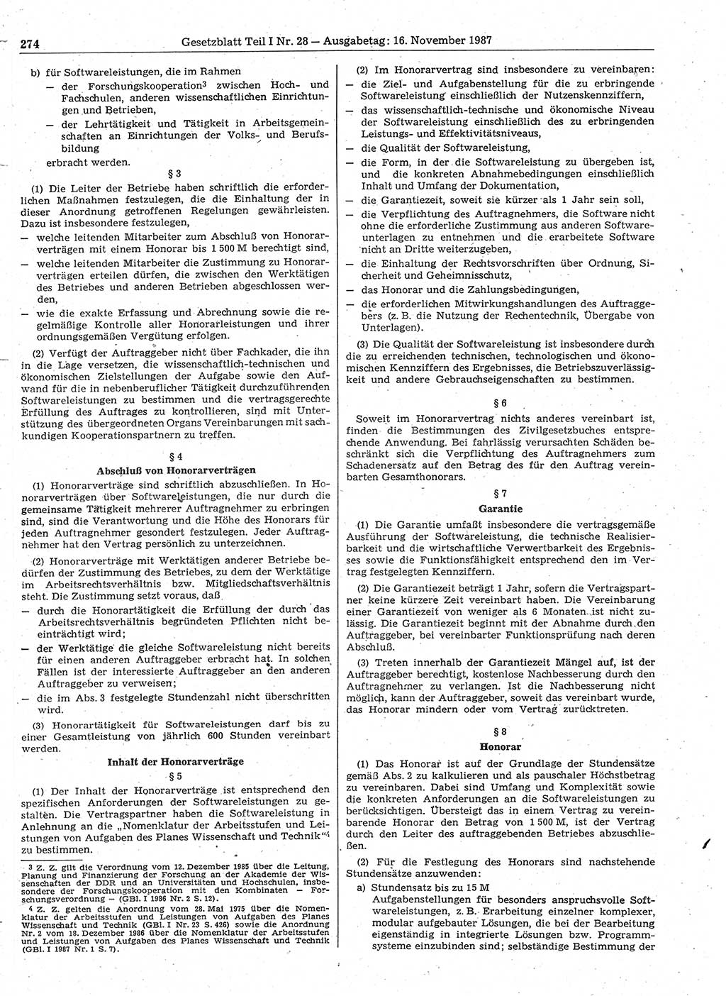 Gesetzblatt (GBl.) der Deutschen Demokratischen Republik (DDR) Teil Ⅰ 1987, Seite 274 (GBl. DDR Ⅰ 1987, S. 274)