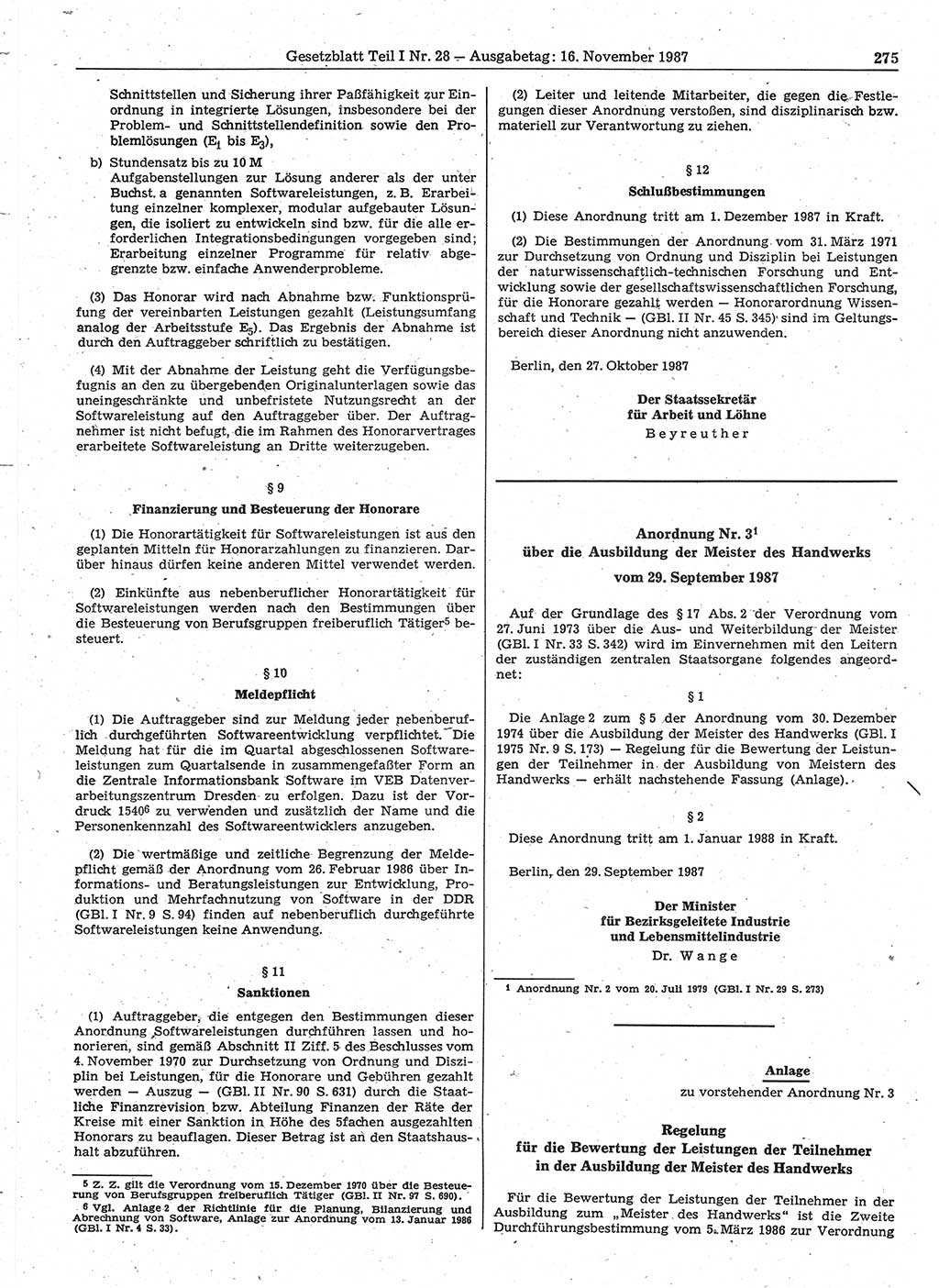 Gesetzblatt (GBl.) der Deutschen Demokratischen Republik (DDR) Teil Ⅰ 1987, Seite 275 (GBl. DDR Ⅰ 1987, S. 275)