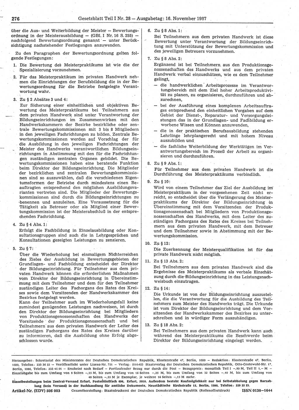 Gesetzblatt (GBl.) der Deutschen Demokratischen Republik (DDR) Teil Ⅰ 1987, Seite 276 (GBl. DDR Ⅰ 1987, S. 276)