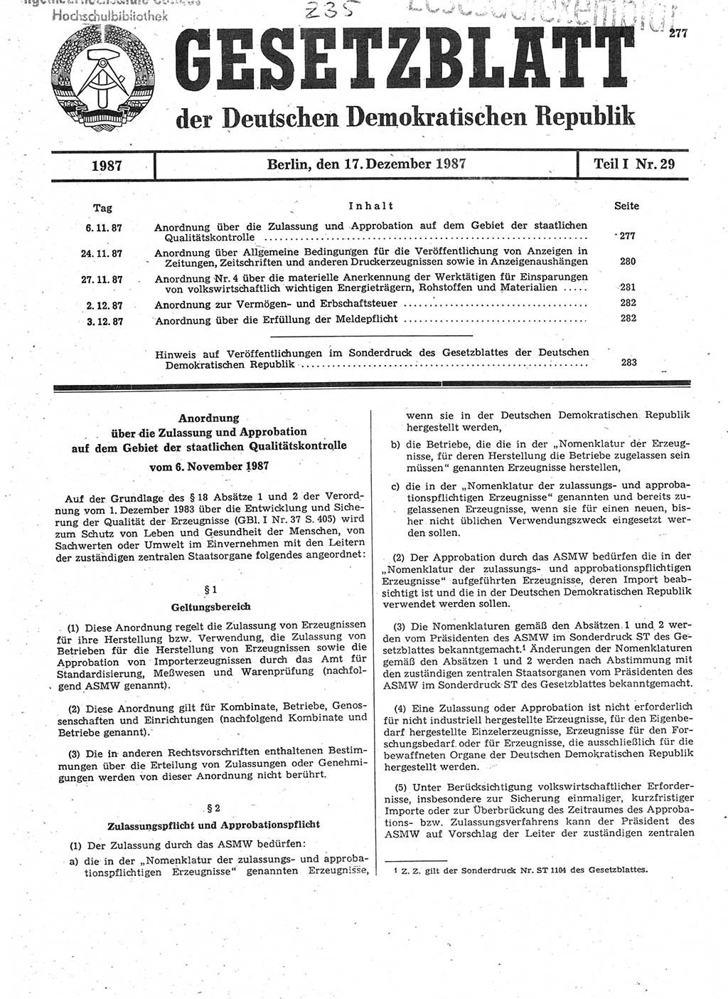 Gesetzblatt (GBl.) der Deutschen Demokratischen Republik (DDR) Teil Ⅰ 1987, Seite 277 (GBl. DDR Ⅰ 1987, S. 277)