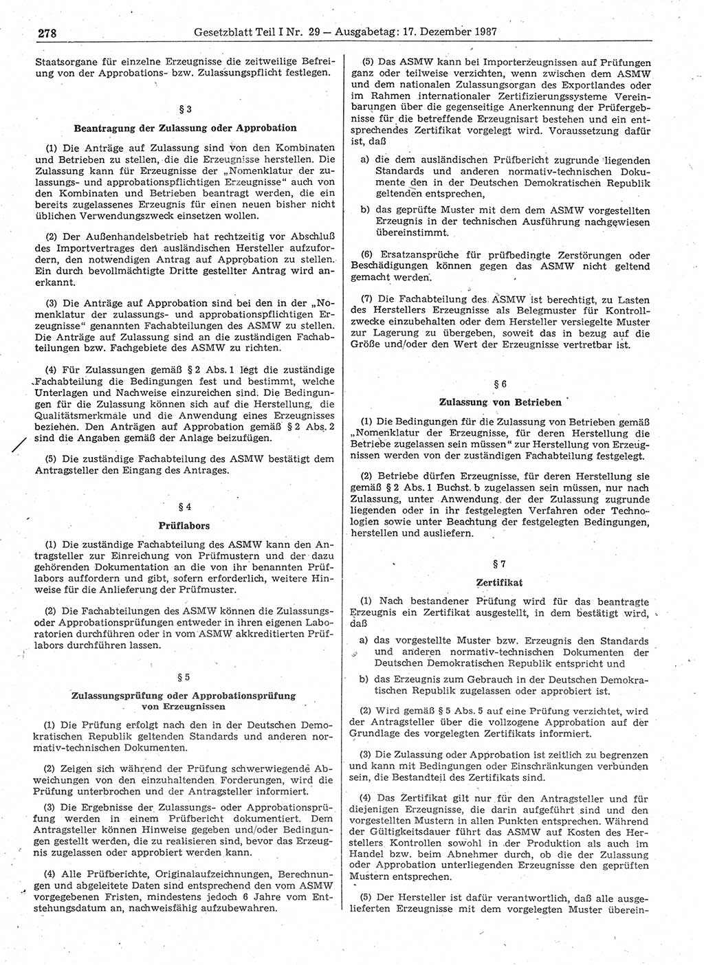 Gesetzblatt (GBl.) der Deutschen Demokratischen Republik (DDR) Teil Ⅰ 1987, Seite 278 (GBl. DDR Ⅰ 1987, S. 278)