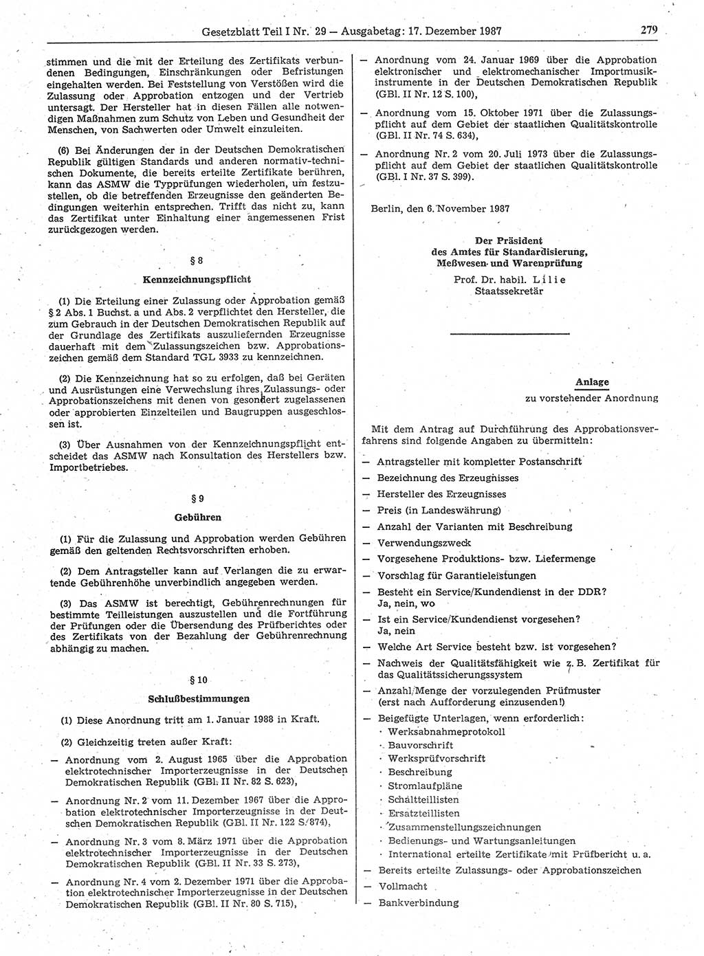 Gesetzblatt (GBl.) der Deutschen Demokratischen Republik (DDR) Teil Ⅰ 1987, Seite 279 (GBl. DDR Ⅰ 1987, S. 279)