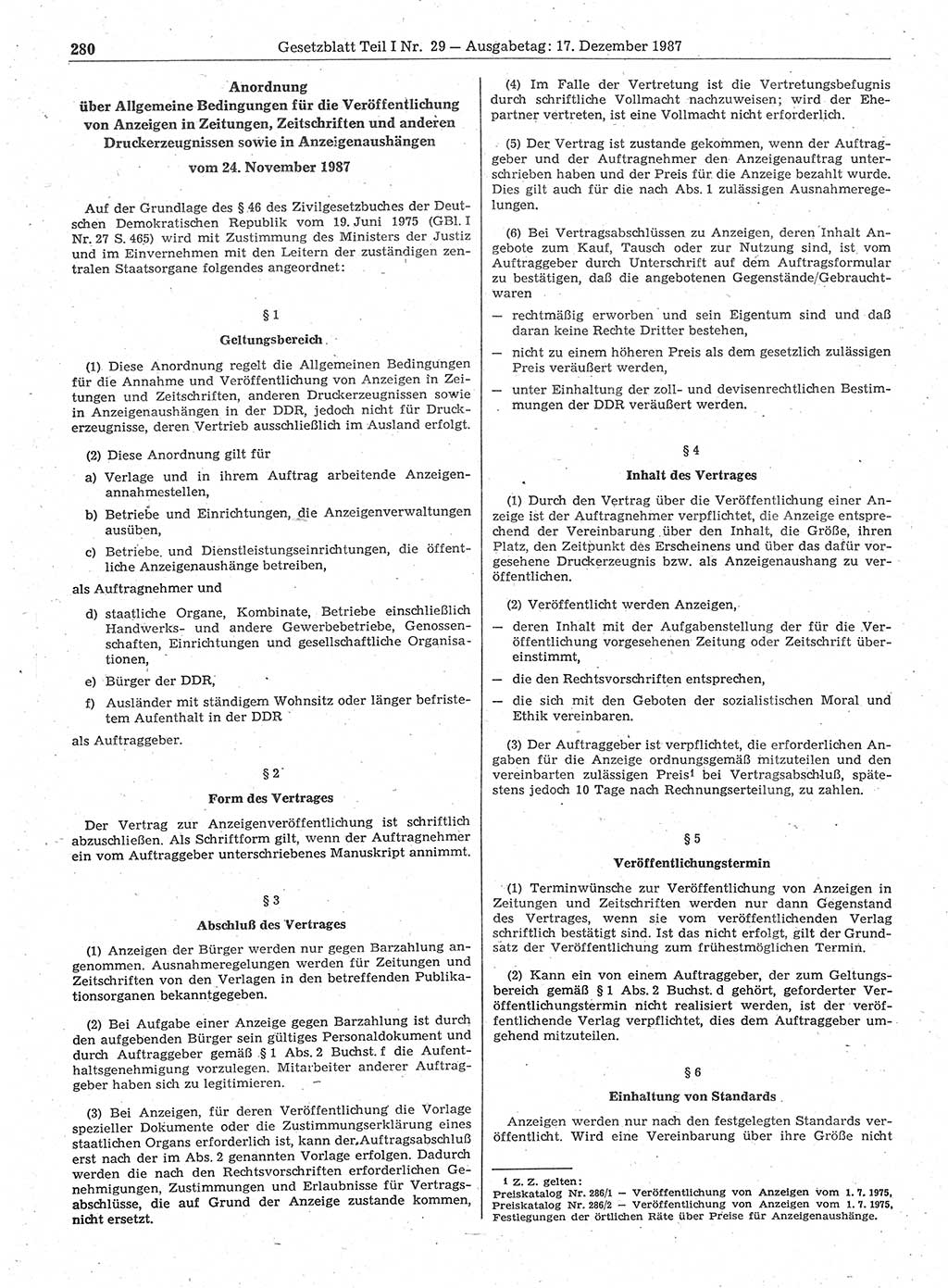 Gesetzblatt (GBl.) der Deutschen Demokratischen Republik (DDR) Teil Ⅰ 1987, Seite 280 (GBl. DDR Ⅰ 1987, S. 280)