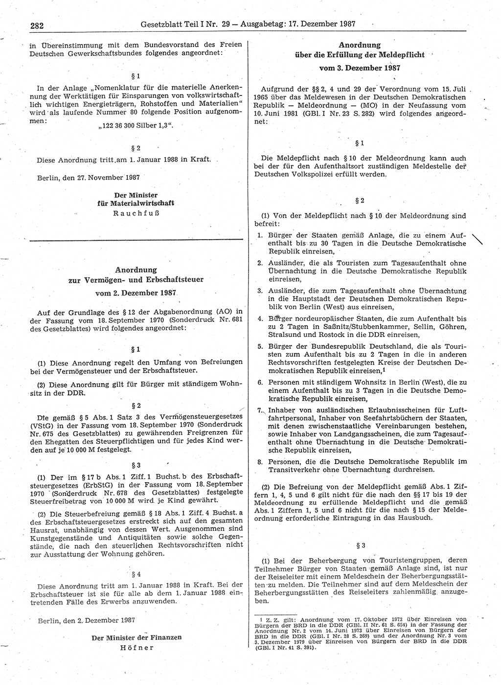 Gesetzblatt (GBl.) der Deutschen Demokratischen Republik (DDR) Teil Ⅰ 1987, Seite 282 (GBl. DDR Ⅰ 1987, S. 282)