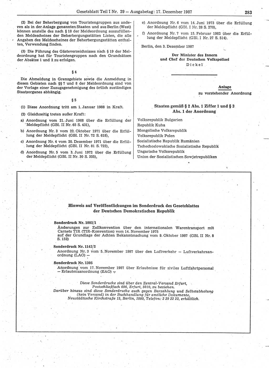 Gesetzblatt (GBl.) der Deutschen Demokratischen Republik (DDR) Teil Ⅰ 1987, Seite 283 (GBl. DDR Ⅰ 1987, S. 283)