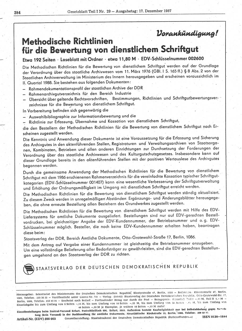 Gesetzblatt (GBl.) der Deutschen Demokratischen Republik (DDR) Teil Ⅰ 1987, Seite 284 (GBl. DDR Ⅰ 1987, S. 284)