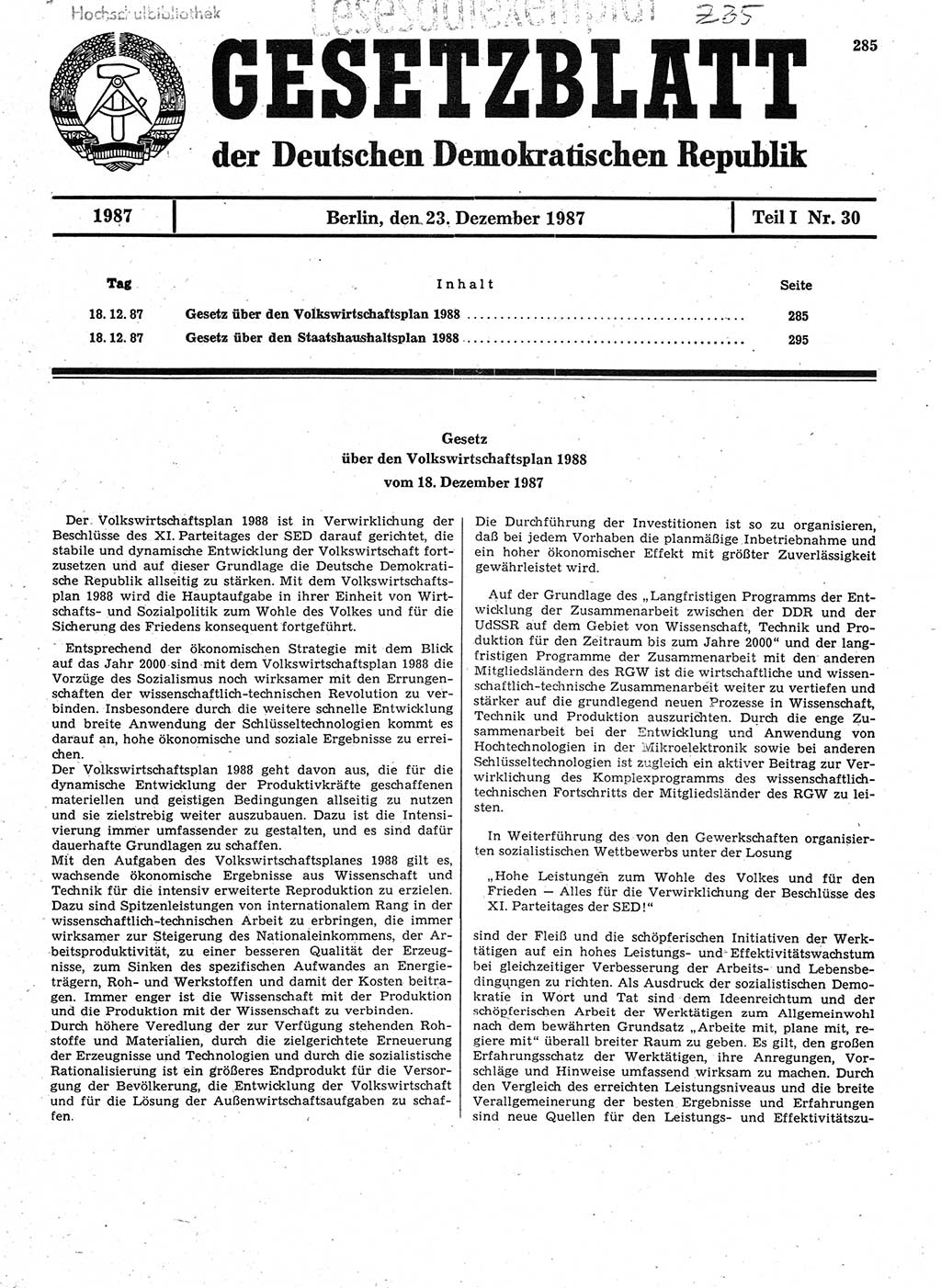 Gesetzblatt (GBl.) der Deutschen Demokratischen Republik (DDR) Teil Ⅰ 1987, Seite 285 (GBl. DDR Ⅰ 1987, S. 285)