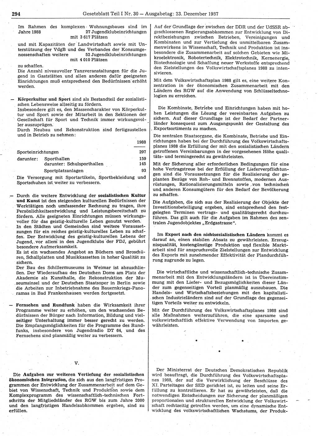 Gesetzblatt (GBl.) der Deutschen Demokratischen Republik (DDR) Teil Ⅰ 1987, Seite 294 (GBl. DDR Ⅰ 1987, S. 294)