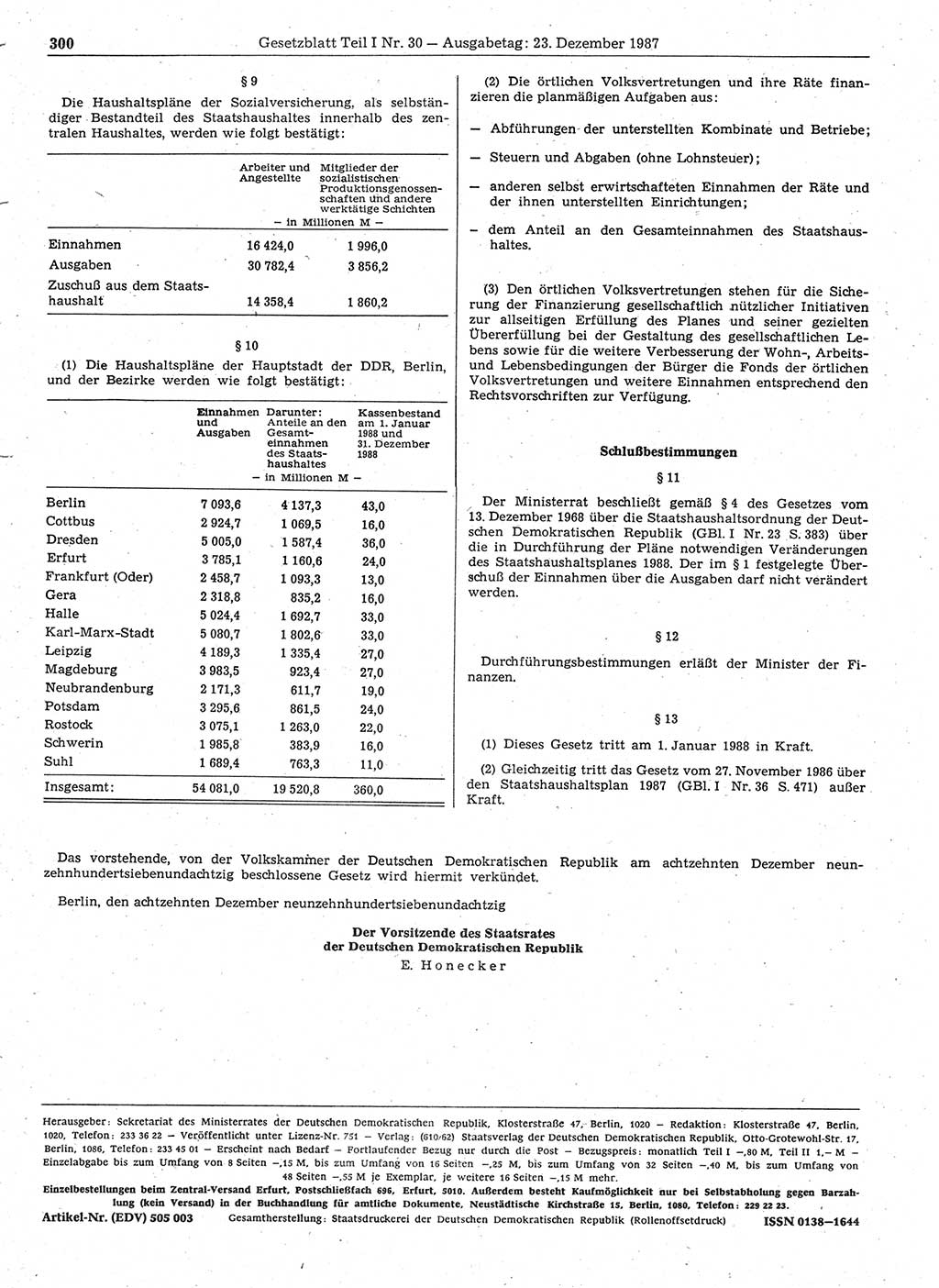 Gesetzblatt (GBl.) der Deutschen Demokratischen Republik (DDR) Teil Ⅰ 1987, Seite 300 (GBl. DDR Ⅰ 1987, S. 300)