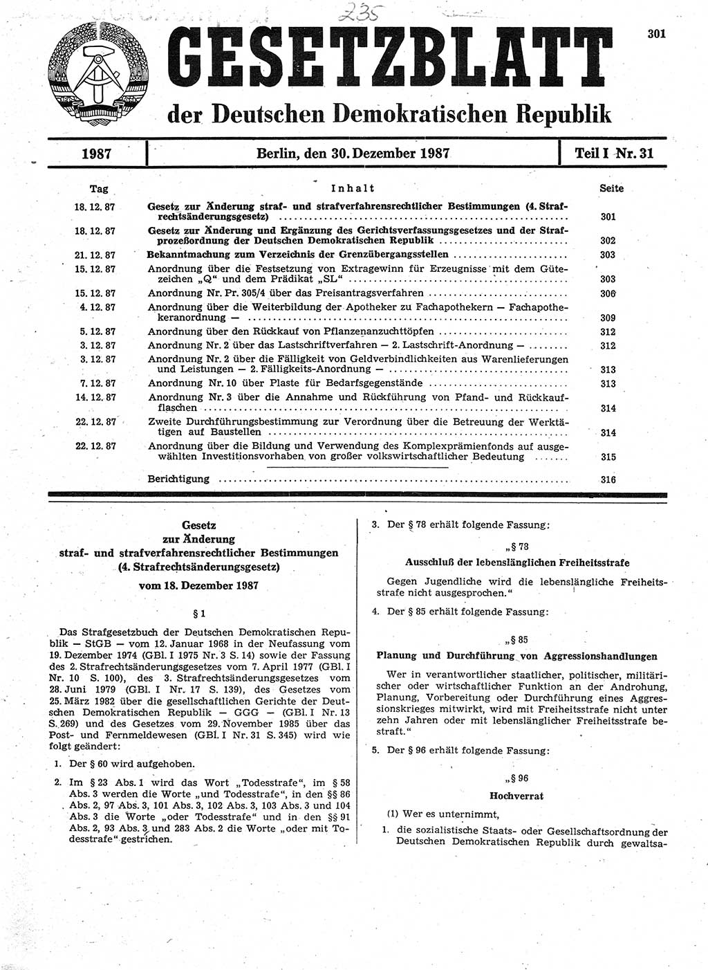 Gesetzblatt (GBl.) der Deutschen Demokratischen Republik (DDR) Teil Ⅰ 1987, Seite 301 (GBl. DDR Ⅰ 1987, S. 301)