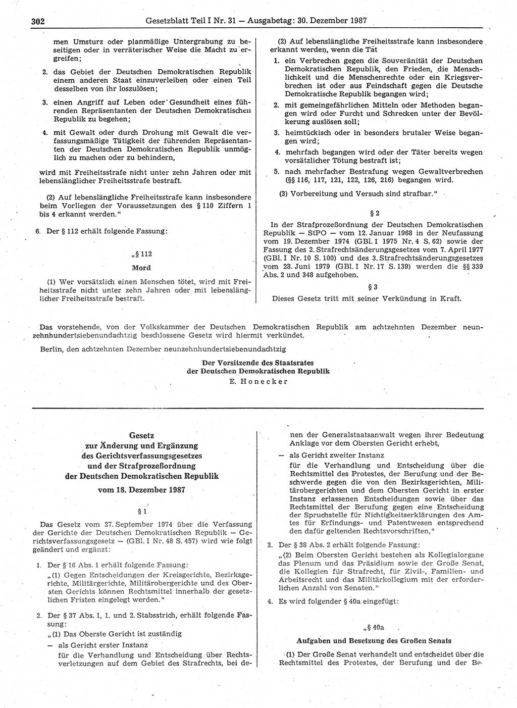 Gesetzblatt (GBl.) der Deutschen Demokratischen Republik (DDR) Teil Ⅰ 1987, Seite 302 (GBl. DDR Ⅰ 1987, S. 302)