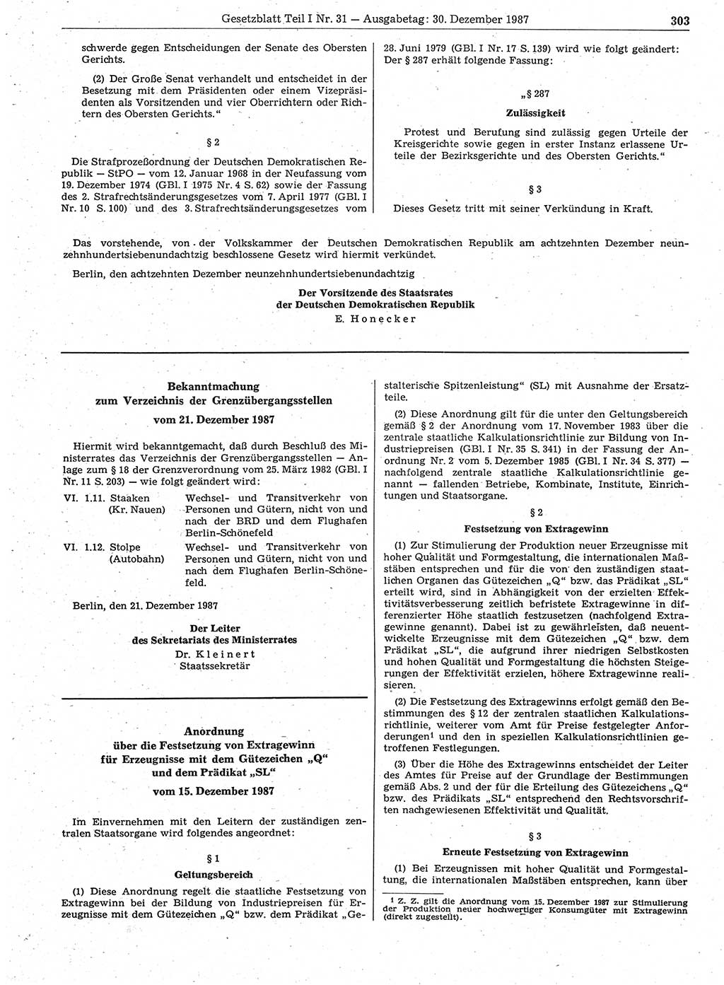 Gesetzblatt (GBl.) der Deutschen Demokratischen Republik (DDR) Teil Ⅰ 1987, Seite 303 (GBl. DDR Ⅰ 1987, S. 303)