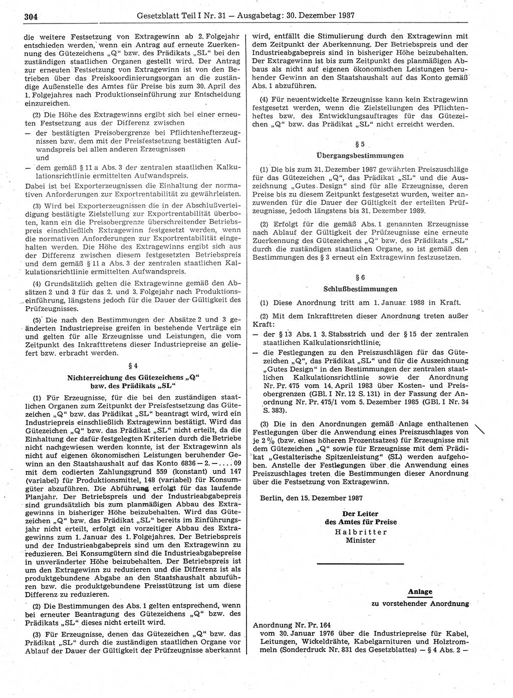 Gesetzblatt (GBl.) der Deutschen Demokratischen Republik (DDR) Teil Ⅰ 1987, Seite 304 (GBl. DDR Ⅰ 1987, S. 304)