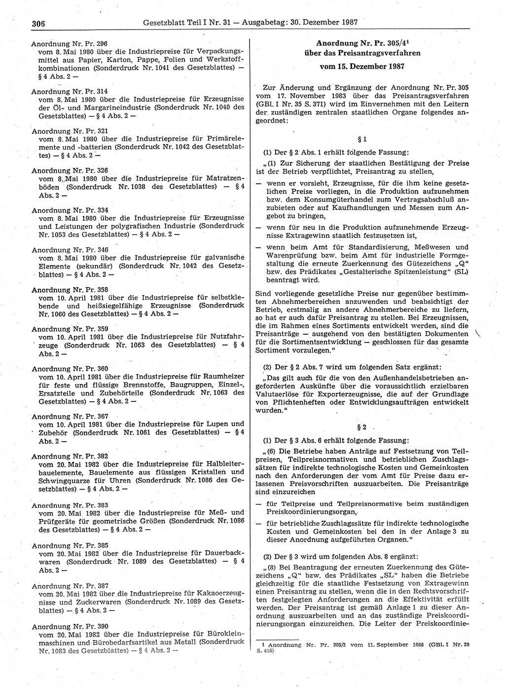 Gesetzblatt (GBl.) der Deutschen Demokratischen Republik (DDR) Teil Ⅰ 1987, Seite 306 (GBl. DDR Ⅰ 1987, S. 306)