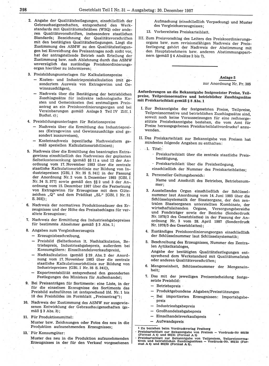 Gesetzblatt (GBl.) der Deutschen Demokratischen Republik (DDR) Teil Ⅰ 1987, Seite 308 (GBl. DDR Ⅰ 1987, S. 308)