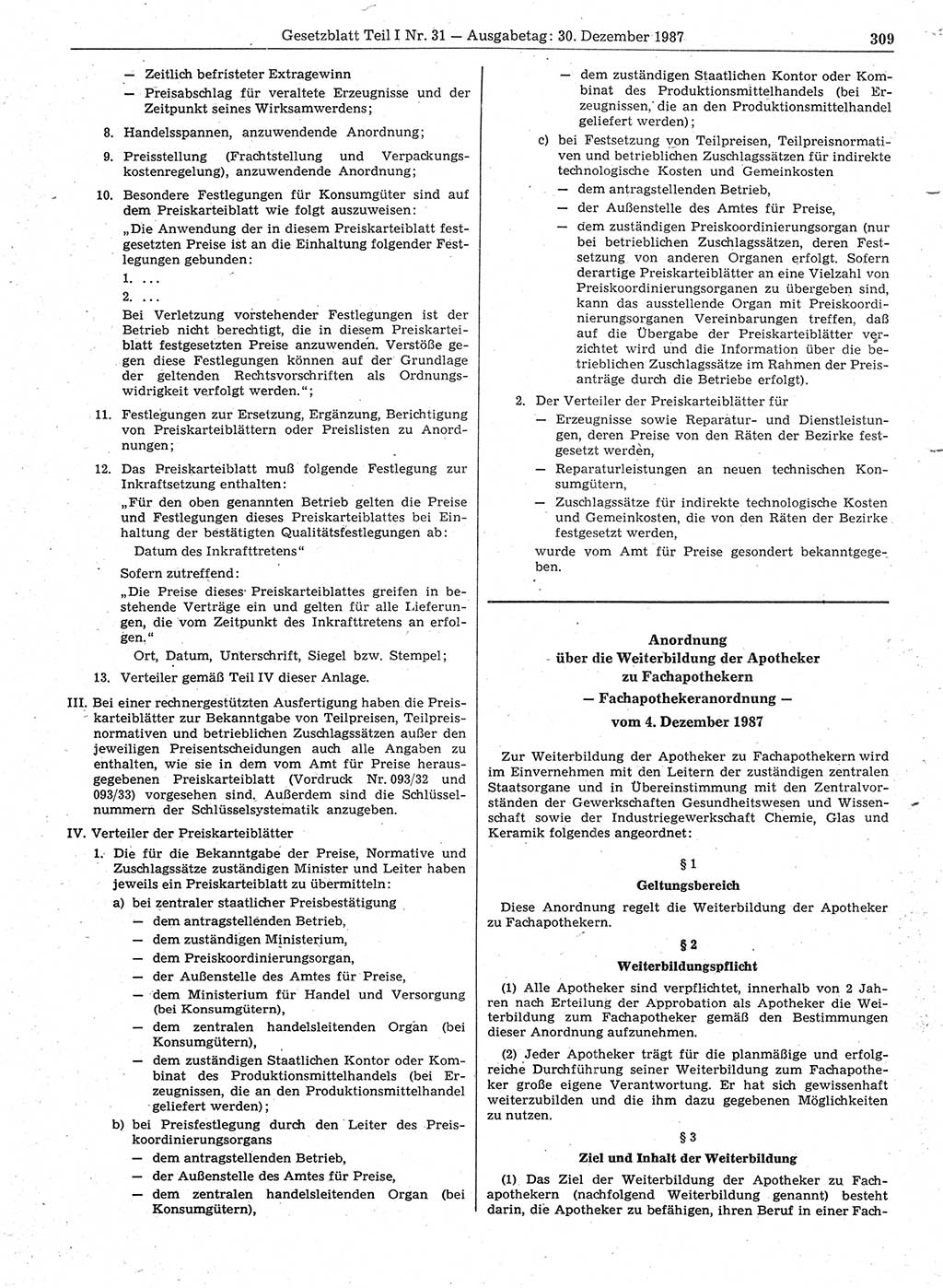 Gesetzblatt (GBl.) der Deutschen Demokratischen Republik (DDR) Teil Ⅰ 1987, Seite 309 (GBl. DDR Ⅰ 1987, S. 309)