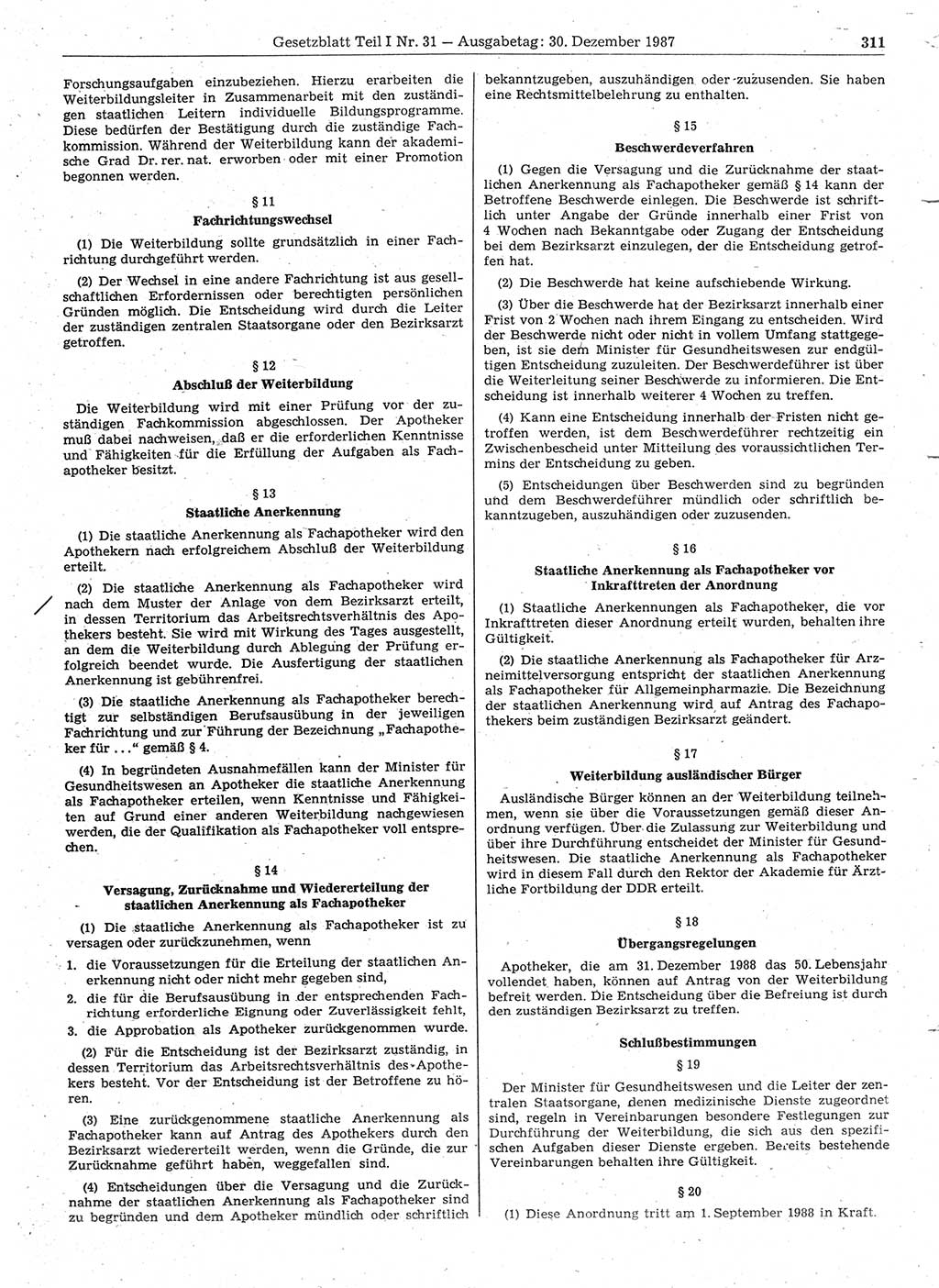 Gesetzblatt (GBl.) der Deutschen Demokratischen Republik (DDR) Teil Ⅰ 1987, Seite 311 (GBl. DDR Ⅰ 1987, S. 311)