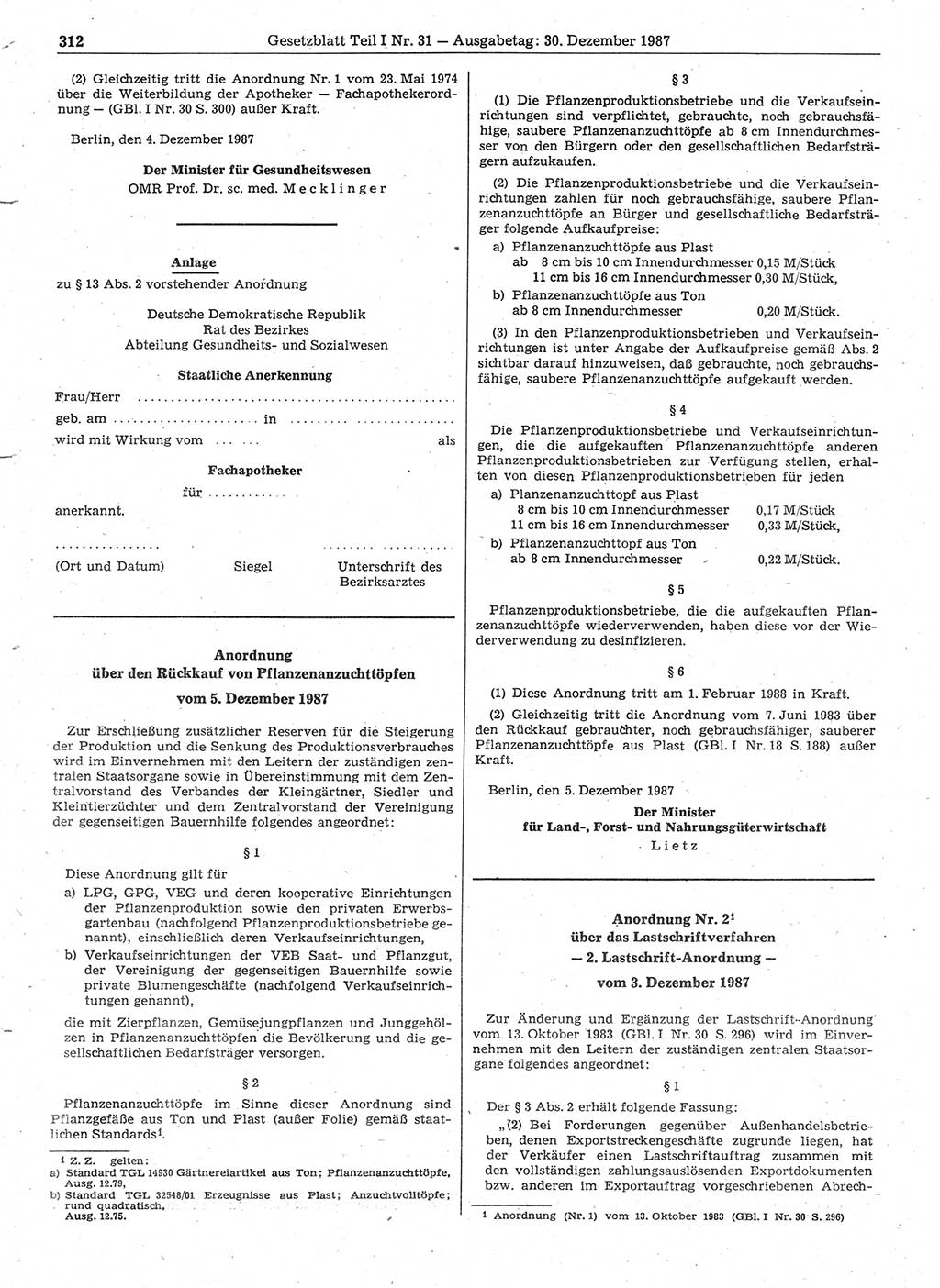 Gesetzblatt (GBl.) der Deutschen Demokratischen Republik (DDR) Teil Ⅰ 1987, Seite 312 (GBl. DDR Ⅰ 1987, S. 312)