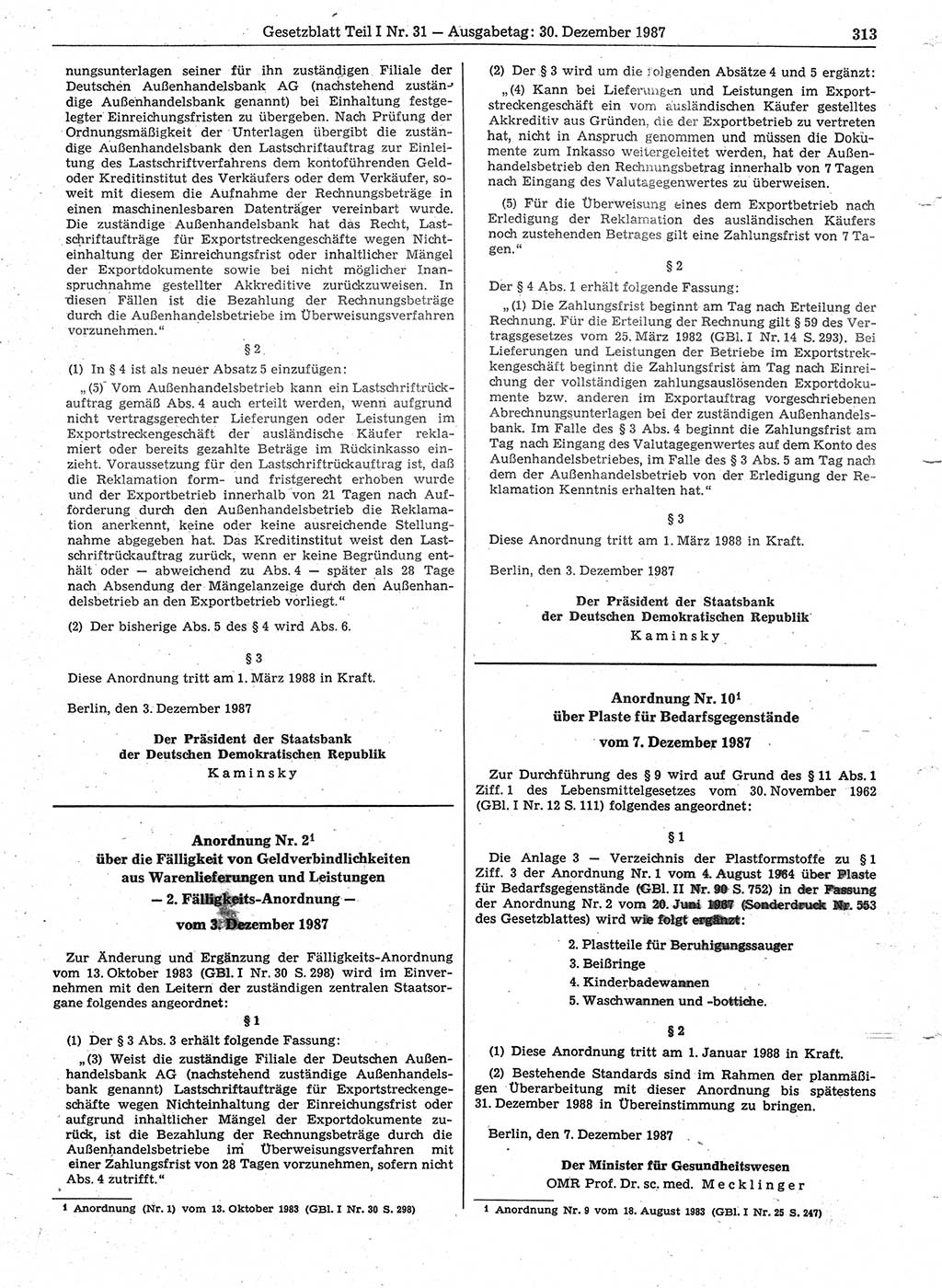 Gesetzblatt (GBl.) der Deutschen Demokratischen Republik (DDR) Teil Ⅰ 1987, Seite 313 (GBl. DDR Ⅰ 1987, S. 313)