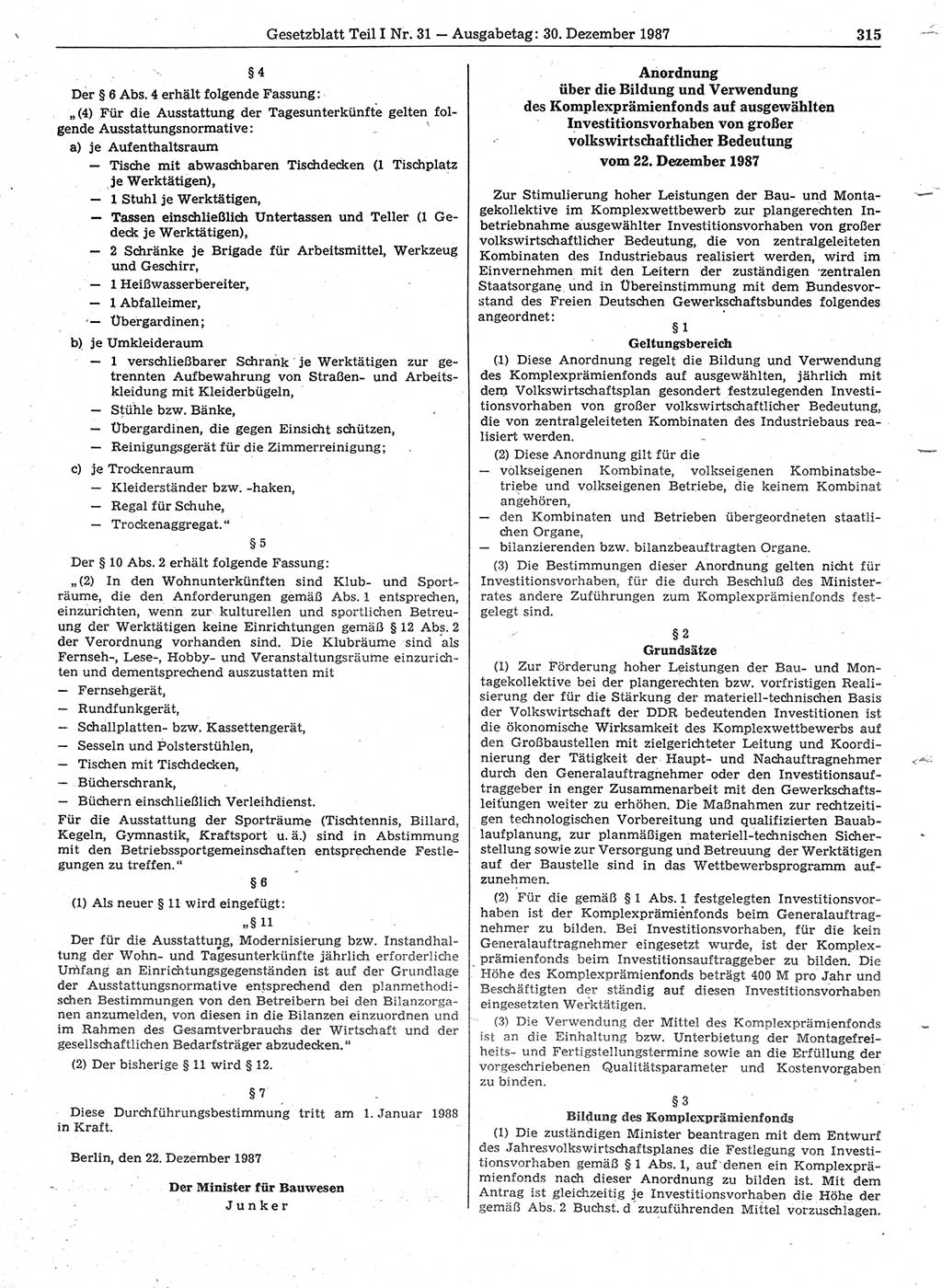 Gesetzblatt (GBl.) der Deutschen Demokratischen Republik (DDR) Teil Ⅰ 1987, Seite 315 (GBl. DDR Ⅰ 1987, S. 315)