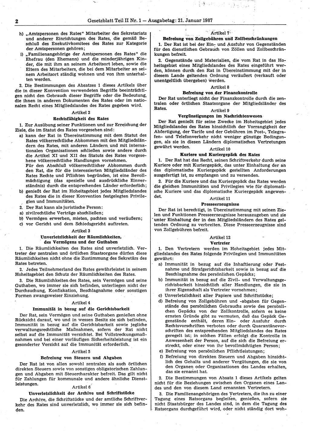 Gesetzblatt (GBl.) der Deutschen Demokratischen Republik (DDR) Teil ⅠⅠ 1987, Seite 2 (GBl. DDR ⅠⅠ 1987, S. 2)