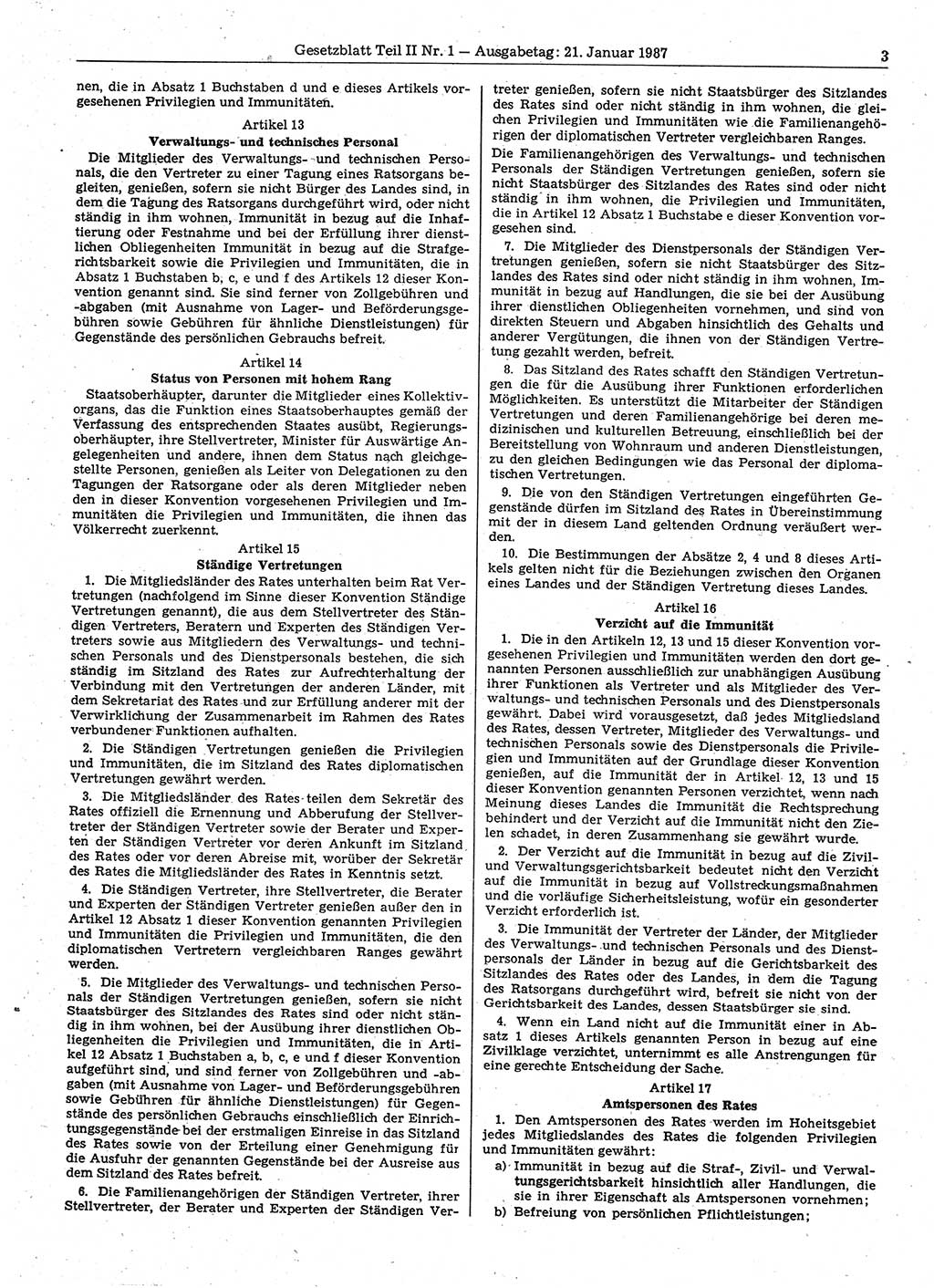 Gesetzblatt (GBl.) der Deutschen Demokratischen Republik (DDR) Teil ⅠⅠ 1987, Seite 3 (GBl. DDR ⅠⅠ 1987, S. 3)