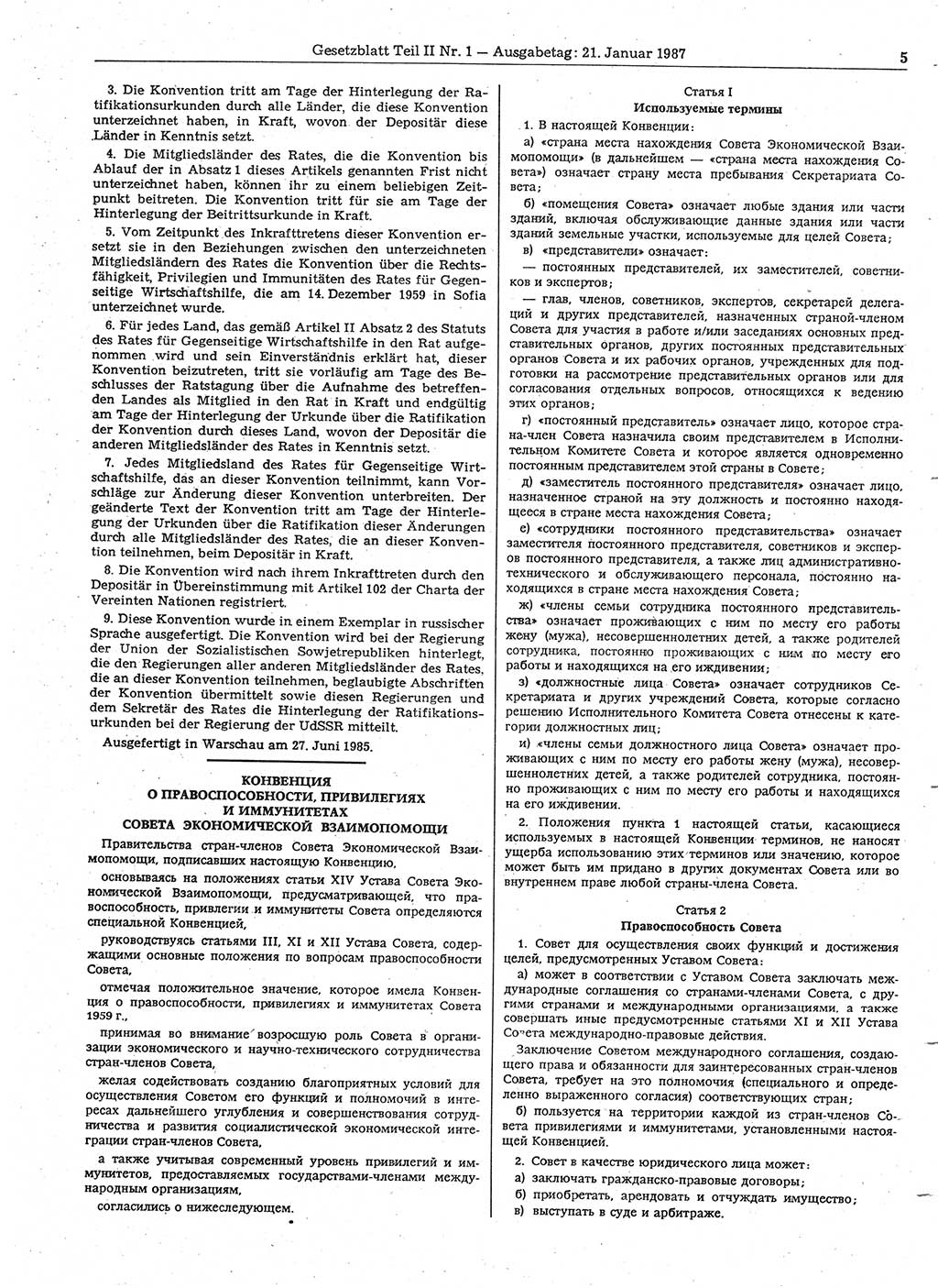 Gesetzblatt (GBl.) der Deutschen Demokratischen Republik (DDR) Teil ⅠⅠ 1987, Seite 5 (GBl. DDR ⅠⅠ 1987, S. 5)