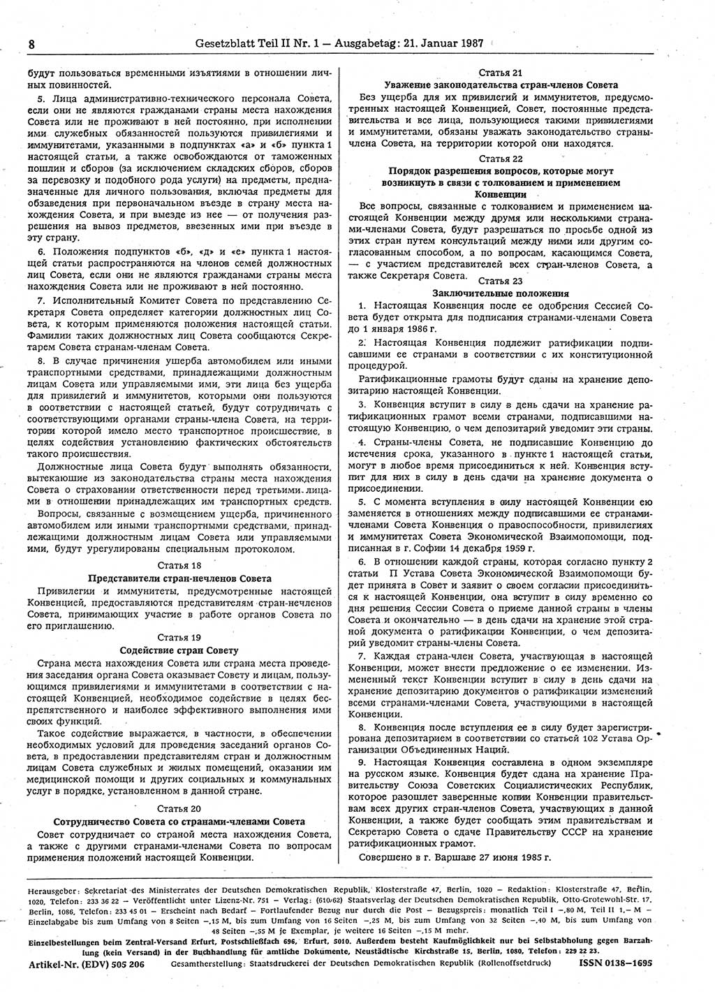 Gesetzblatt (GBl.) der Deutschen Demokratischen Republik (DDR) Teil ⅠⅠ 1987, Seite 8 (GBl. DDR ⅠⅠ 1987, S. 8)