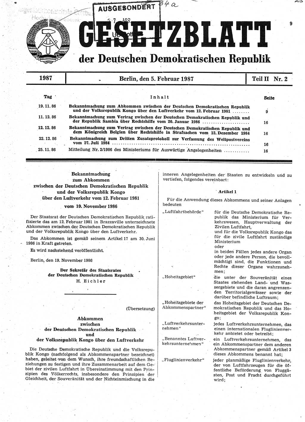Gesetzblatt (GBl.) der Deutschen Demokratischen Republik (DDR) Teil ⅠⅠ 1987, Seite 9 (GBl. DDR ⅠⅠ 1987, S. 9)