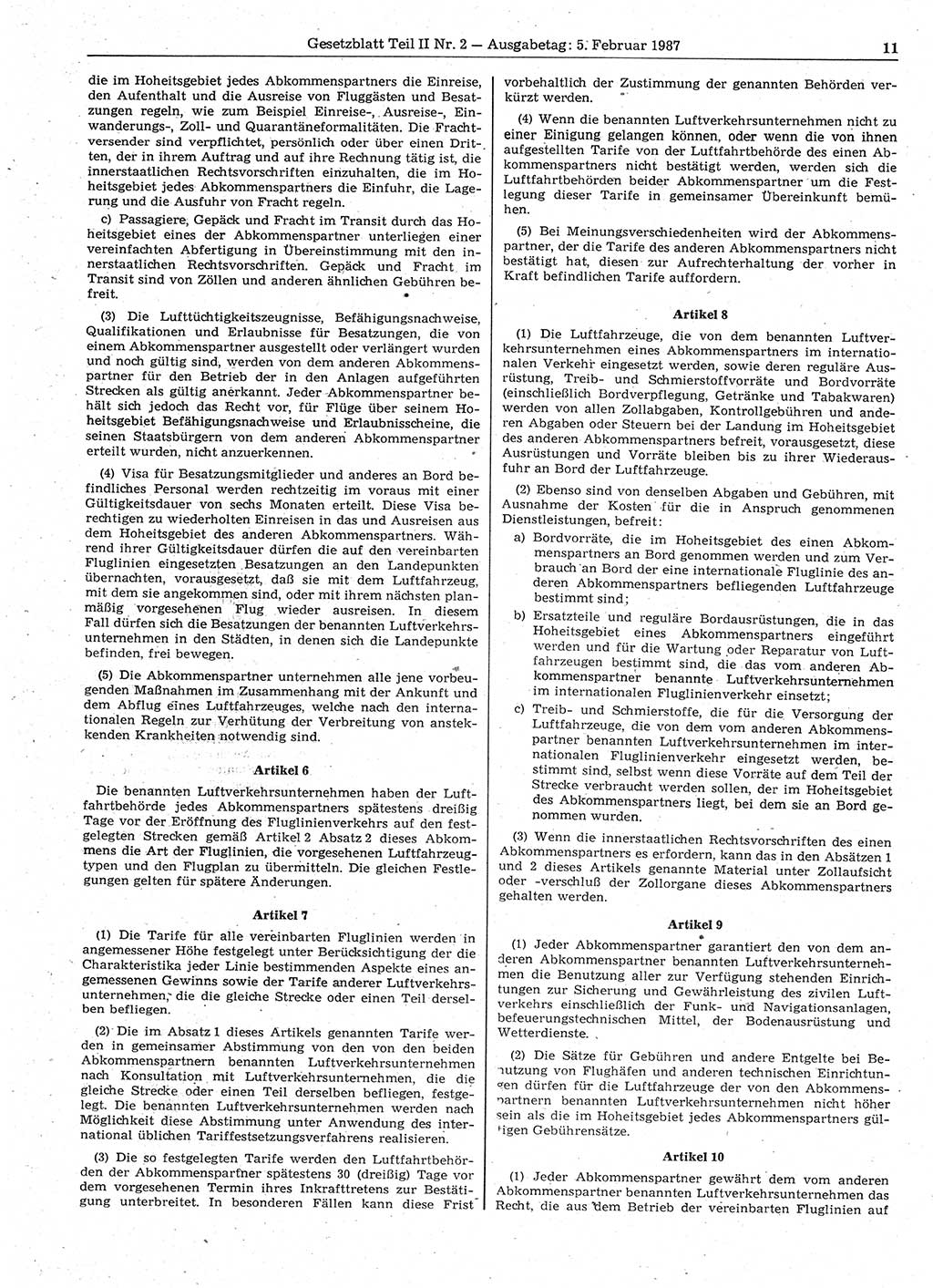 Gesetzblatt (GBl.) der Deutschen Demokratischen Republik (DDR) Teil ⅠⅠ 1987, Seite 11 (GBl. DDR ⅠⅠ 1987, S. 11)