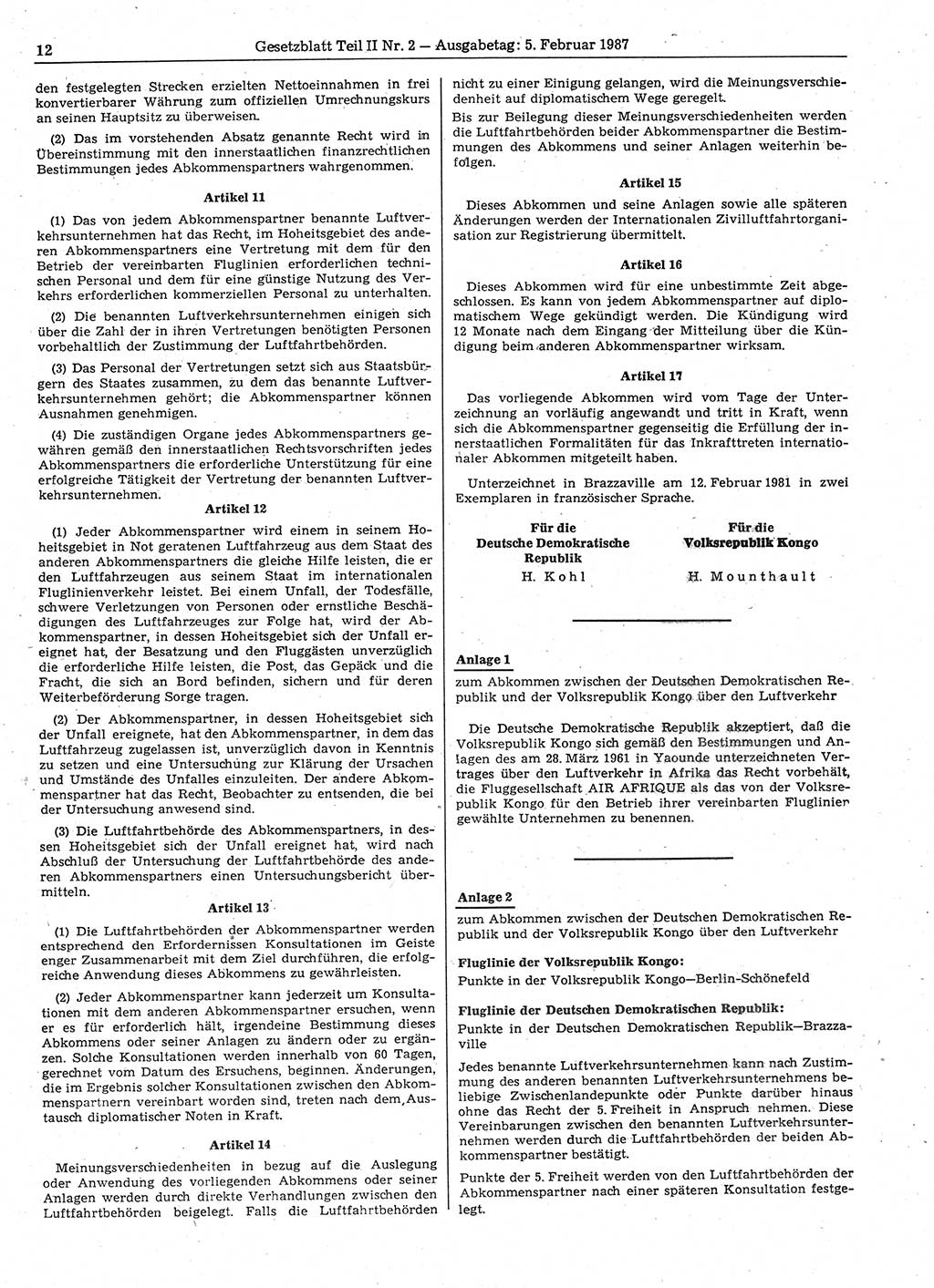 Gesetzblatt (GBl.) der Deutschen Demokratischen Republik (DDR) Teil ⅠⅠ 1987, Seite 12 (GBl. DDR ⅠⅠ 1987, S. 12)