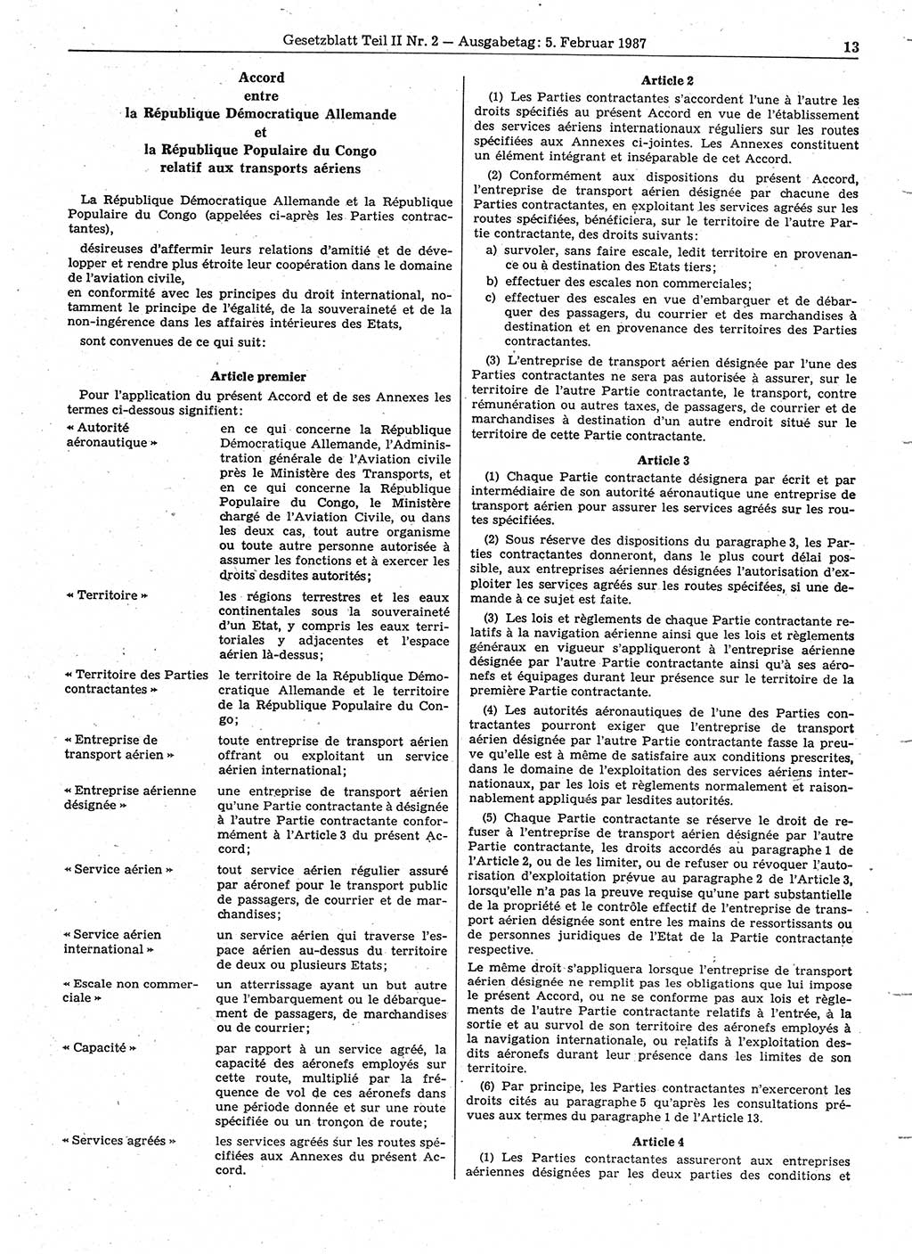 Gesetzblatt (GBl.) der Deutschen Demokratischen Republik (DDR) Teil ⅠⅠ 1987, Seite 13 (GBl. DDR ⅠⅠ 1987, S. 13)