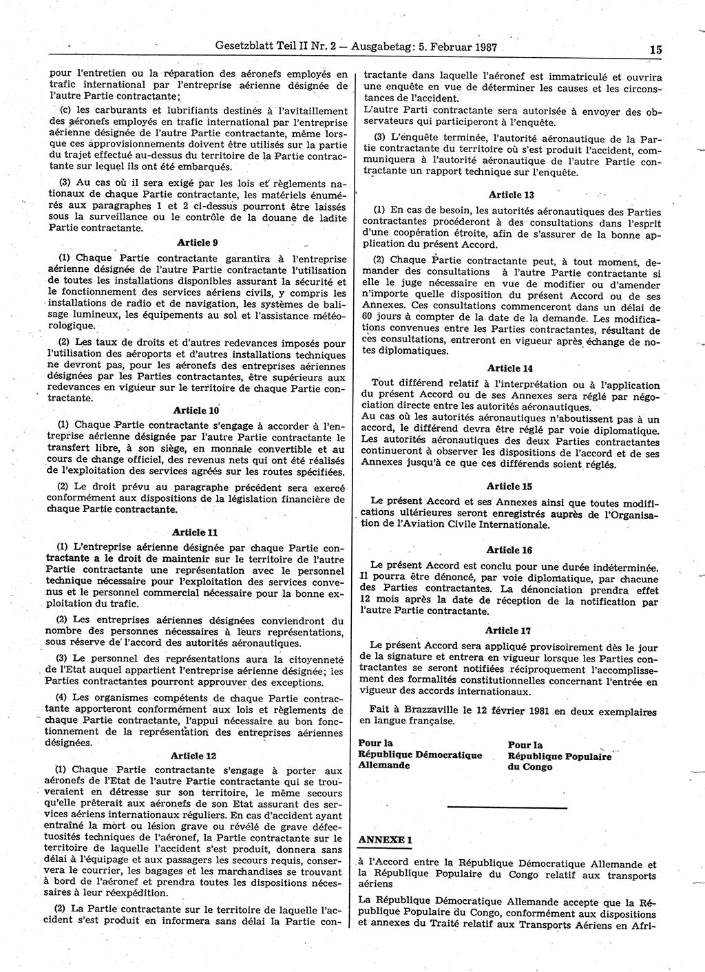 Gesetzblatt (GBl.) der Deutschen Demokratischen Republik (DDR) Teil ⅠⅠ 1987, Seite 15 (GBl. DDR ⅠⅠ 1987, S. 15)