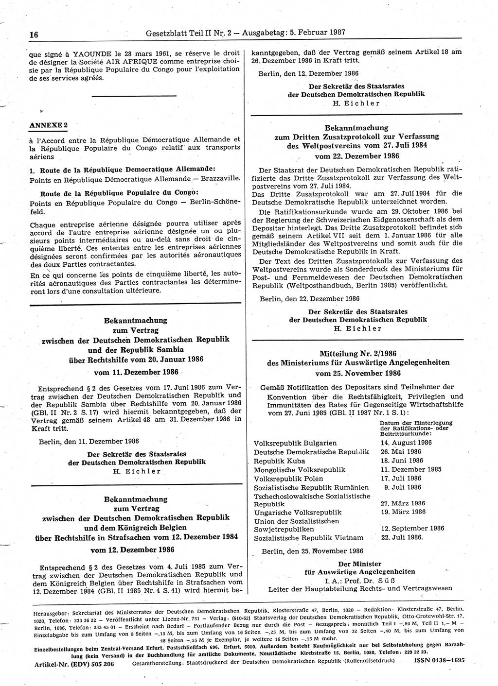 Gesetzblatt (GBl.) der Deutschen Demokratischen Republik (DDR) Teil ⅠⅠ 1987, Seite 16 (GBl. DDR ⅠⅠ 1987, S. 16)