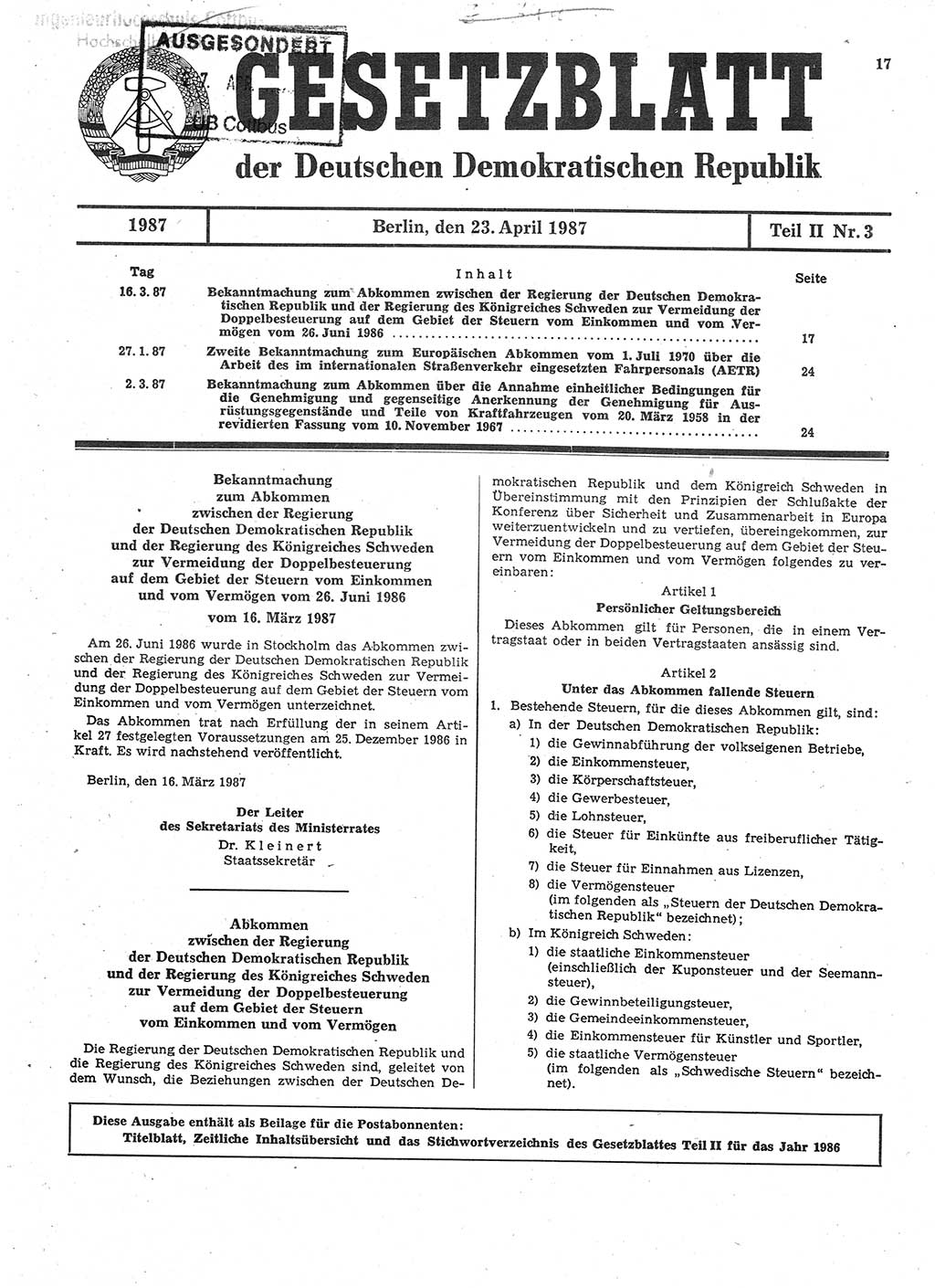 Gesetzblatt (GBl.) der Deutschen Demokratischen Republik (DDR) Teil ⅠⅠ 1987, Seite 17 (GBl. DDR ⅠⅠ 1987, S. 17)