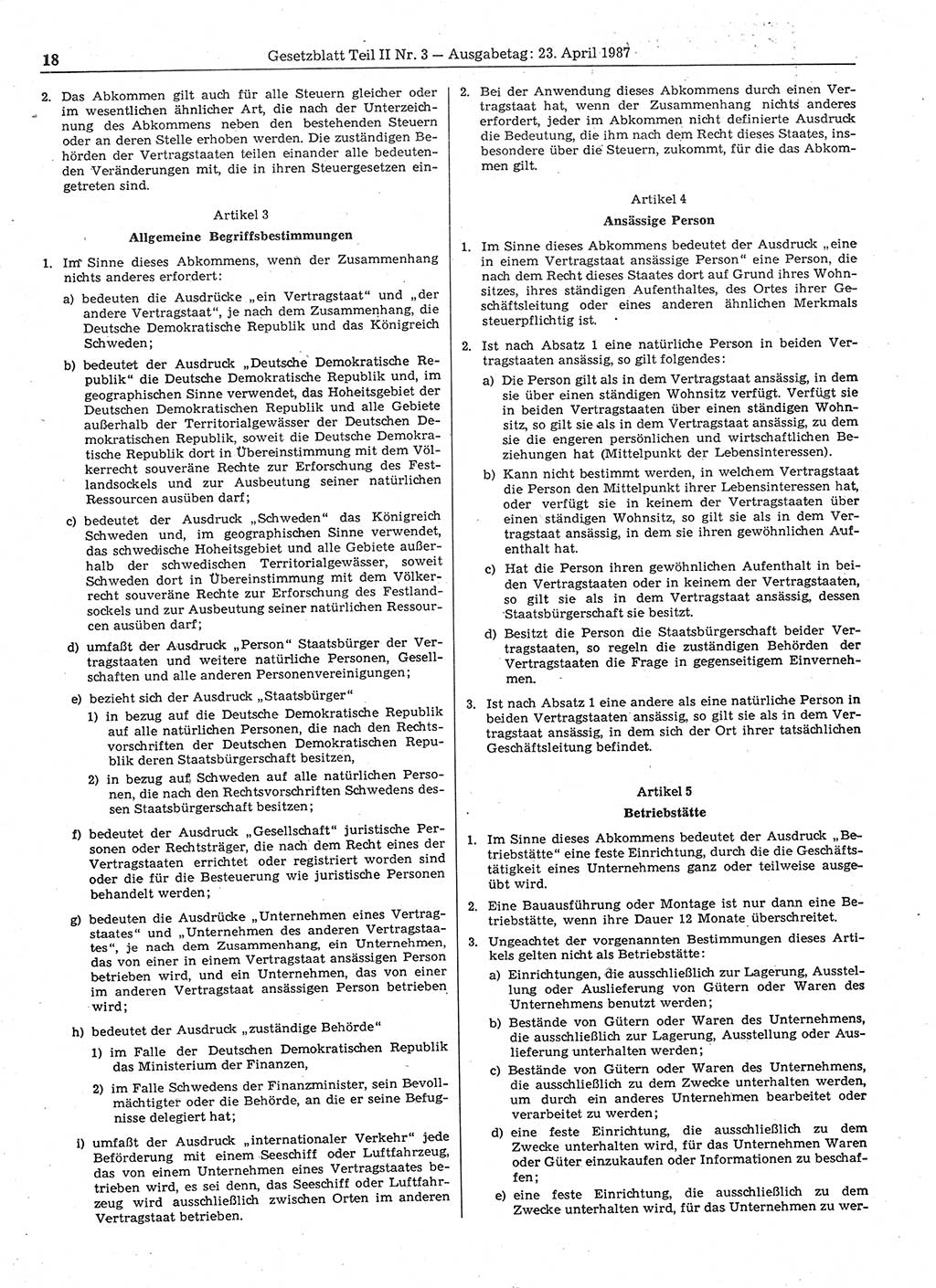 Gesetzblatt (GBl.) der Deutschen Demokratischen Republik (DDR) Teil ⅠⅠ 1987, Seite 18 (GBl. DDR ⅠⅠ 1987, S. 18)