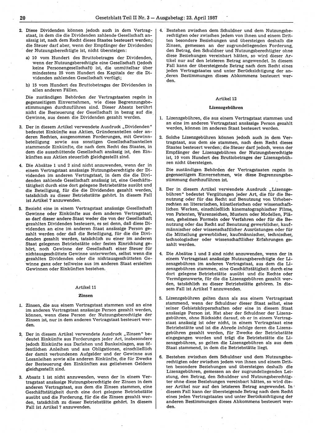 Gesetzblatt (GBl.) der Deutschen Demokratischen Republik (DDR) Teil ⅠⅠ 1987, Seite 20 (GBl. DDR ⅠⅠ 1987, S. 20)