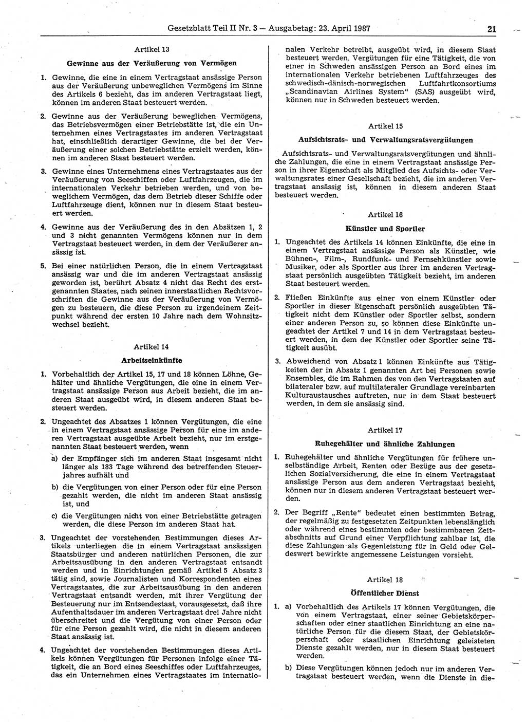 Gesetzblatt (GBl.) der Deutschen Demokratischen Republik (DDR) Teil ⅠⅠ 1987, Seite 21 (GBl. DDR ⅠⅠ 1987, S. 21)