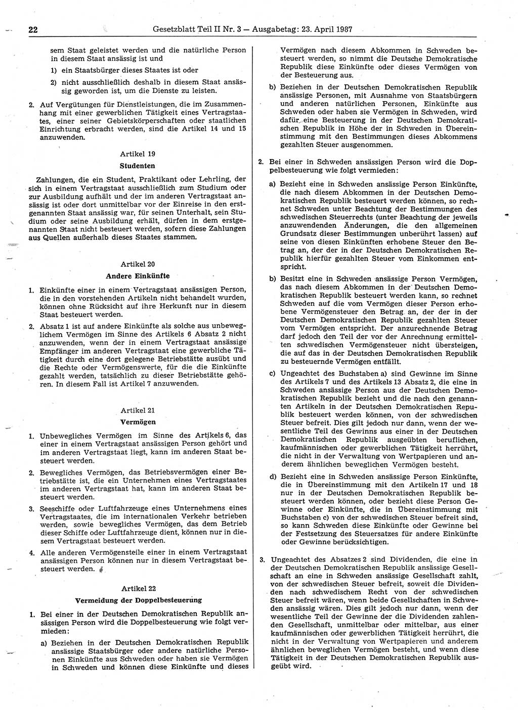 Gesetzblatt (GBl.) der Deutschen Demokratischen Republik (DDR) Teil ⅠⅠ 1987, Seite 22 (GBl. DDR ⅠⅠ 1987, S. 22)