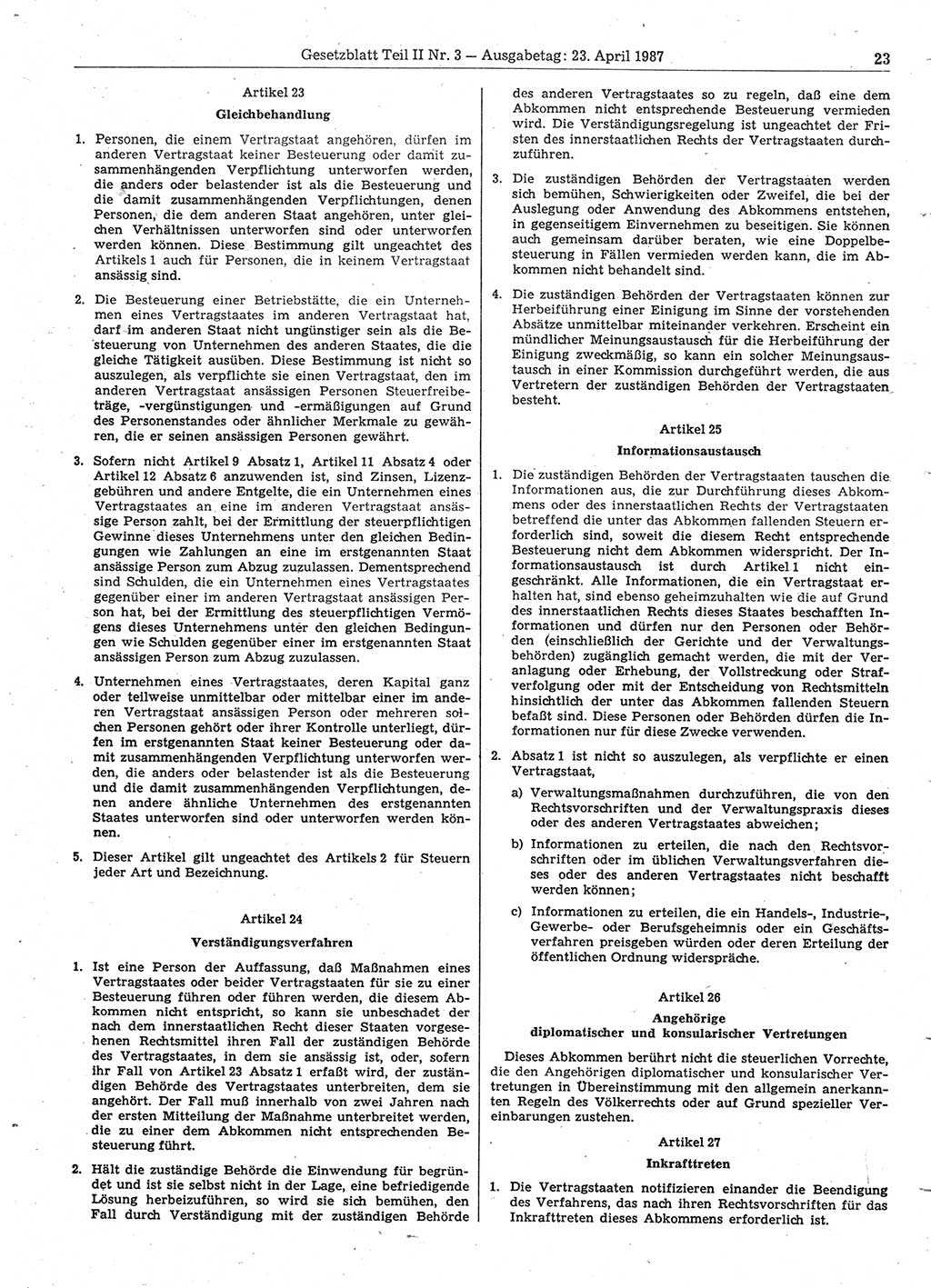 Gesetzblatt (GBl.) der Deutschen Demokratischen Republik (DDR) Teil ⅠⅠ 1987, Seite 23 (GBl. DDR ⅠⅠ 1987, S. 23)