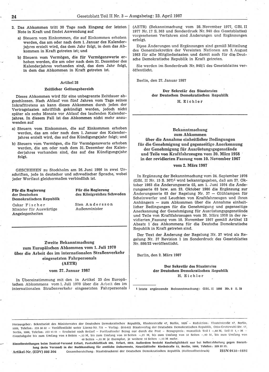 Gesetzblatt (GBl.) der Deutschen Demokratischen Republik (DDR) Teil ⅠⅠ 1987, Seite 24 (GBl. DDR ⅠⅠ 1987, S. 24)