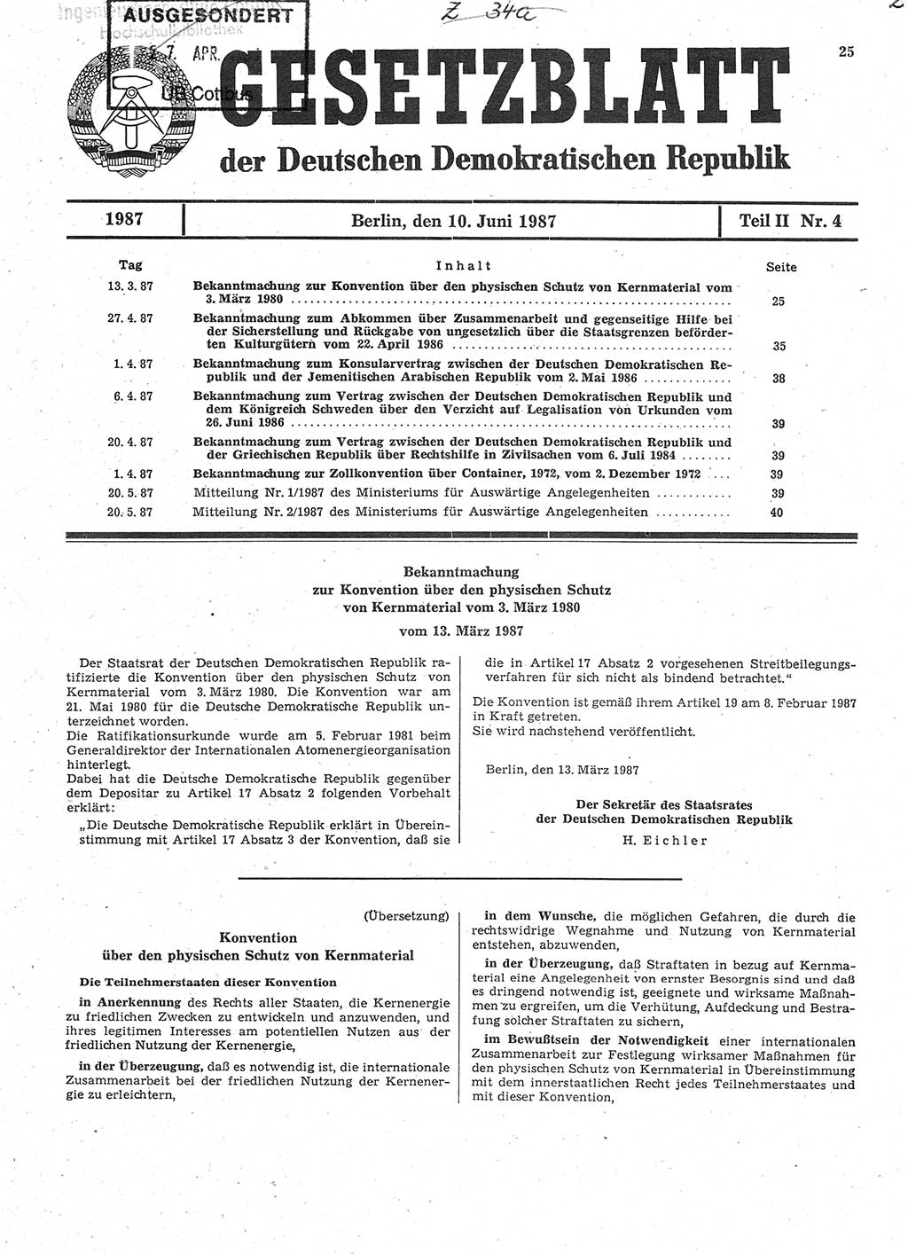 Gesetzblatt (GBl.) der Deutschen Demokratischen Republik (DDR) Teil ⅠⅠ 1987, Seite 25 (GBl. DDR ⅠⅠ 1987, S. 25)