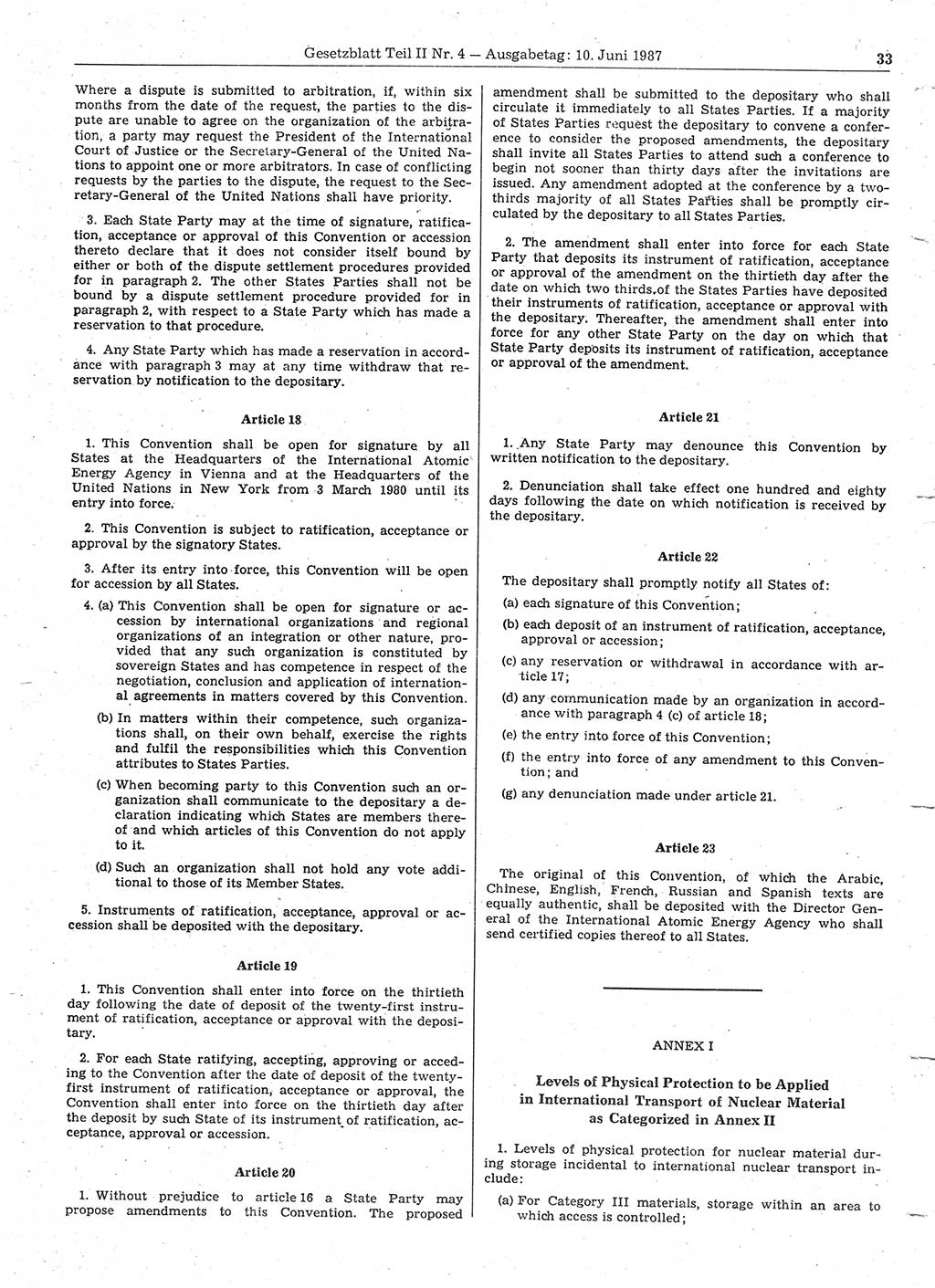 Gesetzblatt (GBl.) der Deutschen Demokratischen Republik (DDR) Teil ⅠⅠ 1987, Seite 33 (GBl. DDR ⅠⅠ 1987, S. 33)