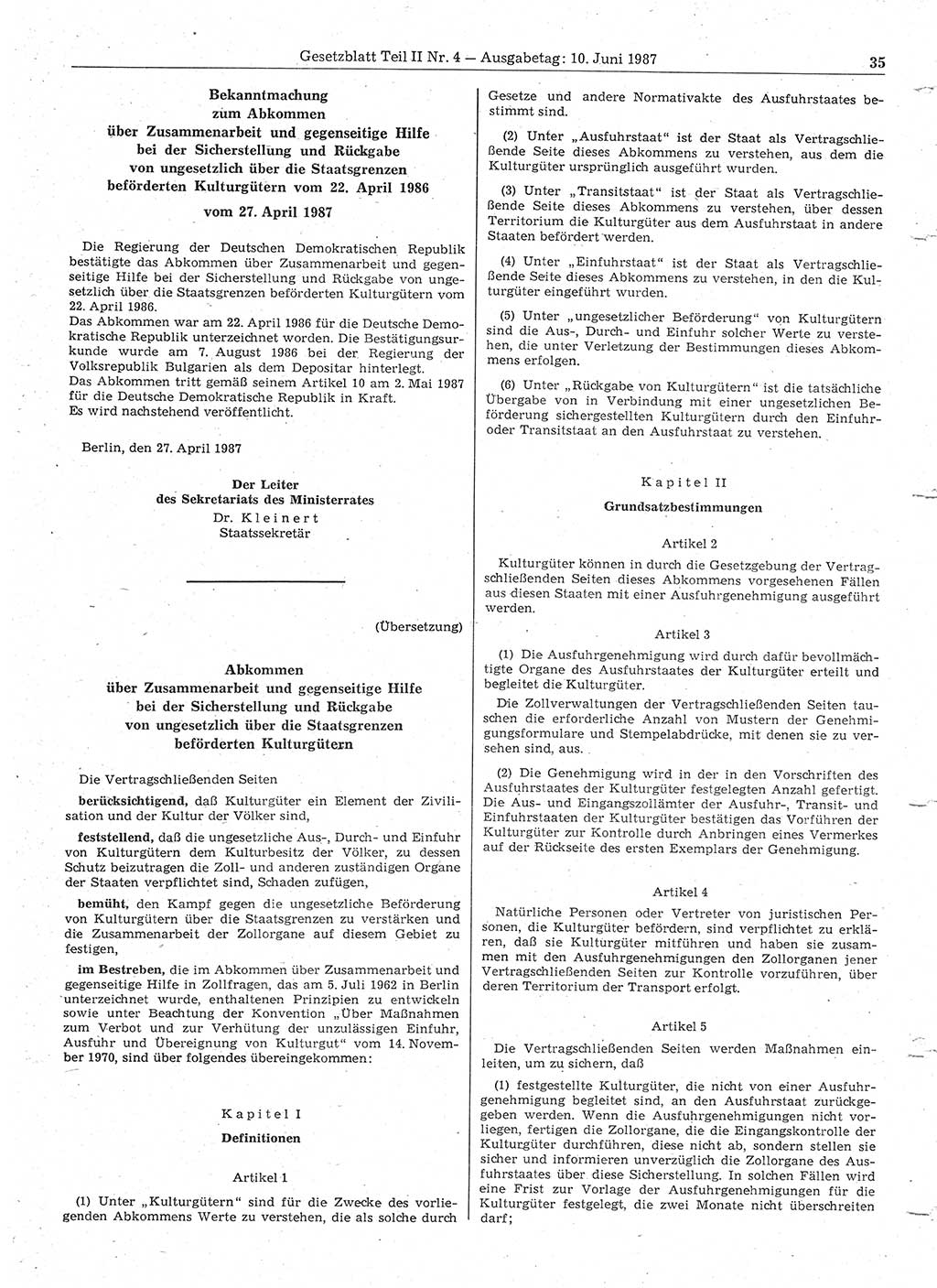 Gesetzblatt (GBl.) der Deutschen Demokratischen Republik (DDR) Teil ⅠⅠ 1987, Seite 35 (GBl. DDR ⅠⅠ 1987, S. 35)