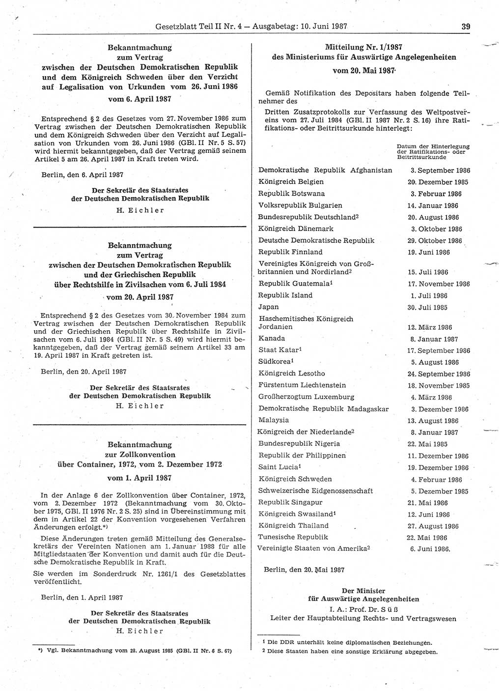 Gesetzblatt (GBl.) der Deutschen Demokratischen Republik (DDR) Teil ⅠⅠ 1987, Seite 39 (GBl. DDR ⅠⅠ 1987, S. 39)