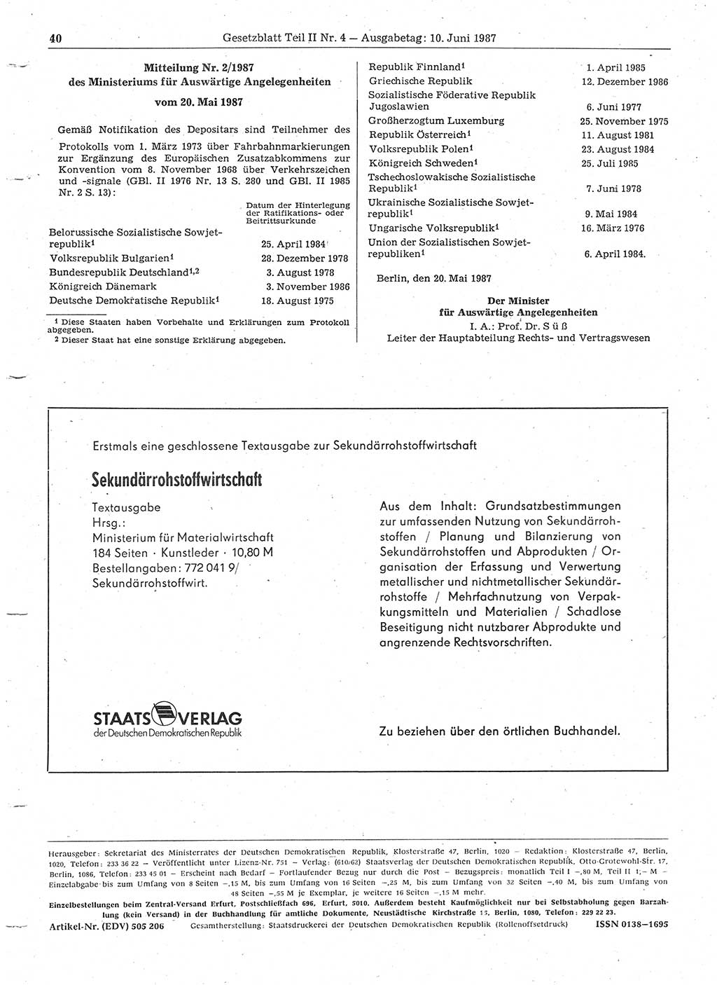Gesetzblatt (GBl.) der Deutschen Demokratischen Republik (DDR) Teil ⅠⅠ 1987, Seite 40 (GBl. DDR ⅠⅠ 1987, S. 40)