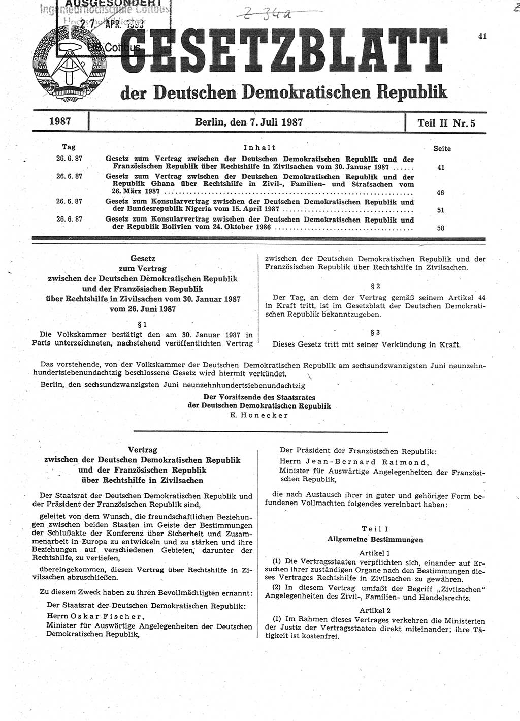 Gesetzblatt (GBl.) der Deutschen Demokratischen Republik (DDR) Teil ⅠⅠ 1987, Seite 41 (GBl. DDR ⅠⅠ 1987, S. 41)
