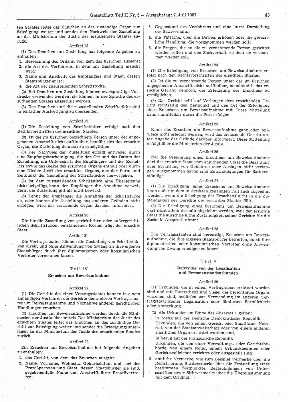 Gesetzblatt (GBl.) der Deutschen Demokratischen Republik (DDR) Teil ⅠⅠ 1987, Seite 43 (GBl. DDR ⅠⅠ 1987, S. 43)