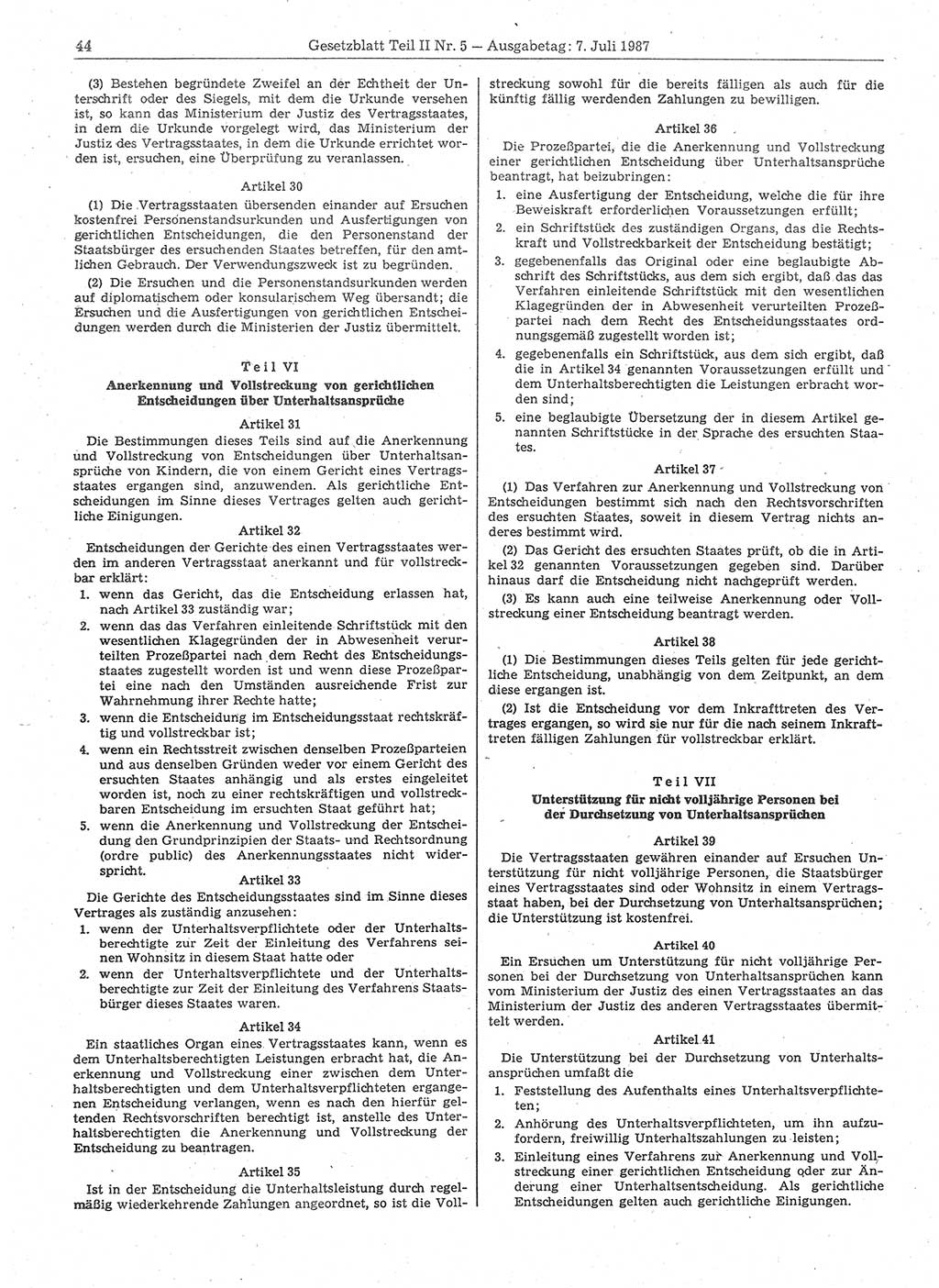Gesetzblatt (GBl.) der Deutschen Demokratischen Republik (DDR) Teil ⅠⅠ 1987, Seite 44 (GBl. DDR ⅠⅠ 1987, S. 44)