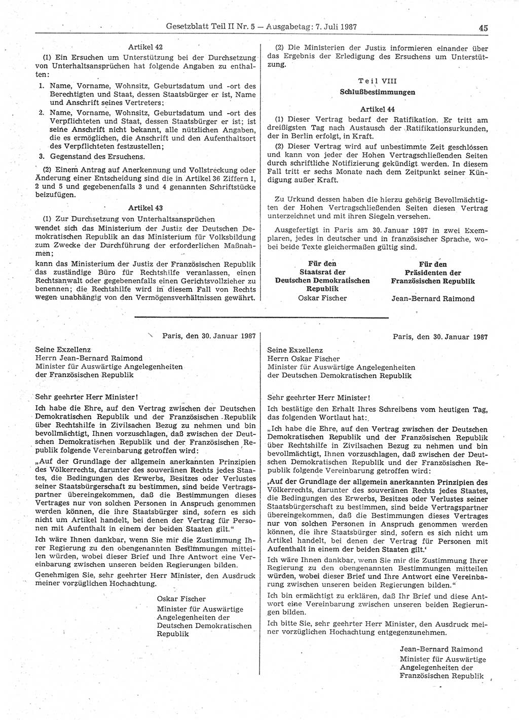 Gesetzblatt (GBl.) der Deutschen Demokratischen Republik (DDR) Teil ⅠⅠ 1987, Seite 45 (GBl. DDR ⅠⅠ 1987, S. 45)